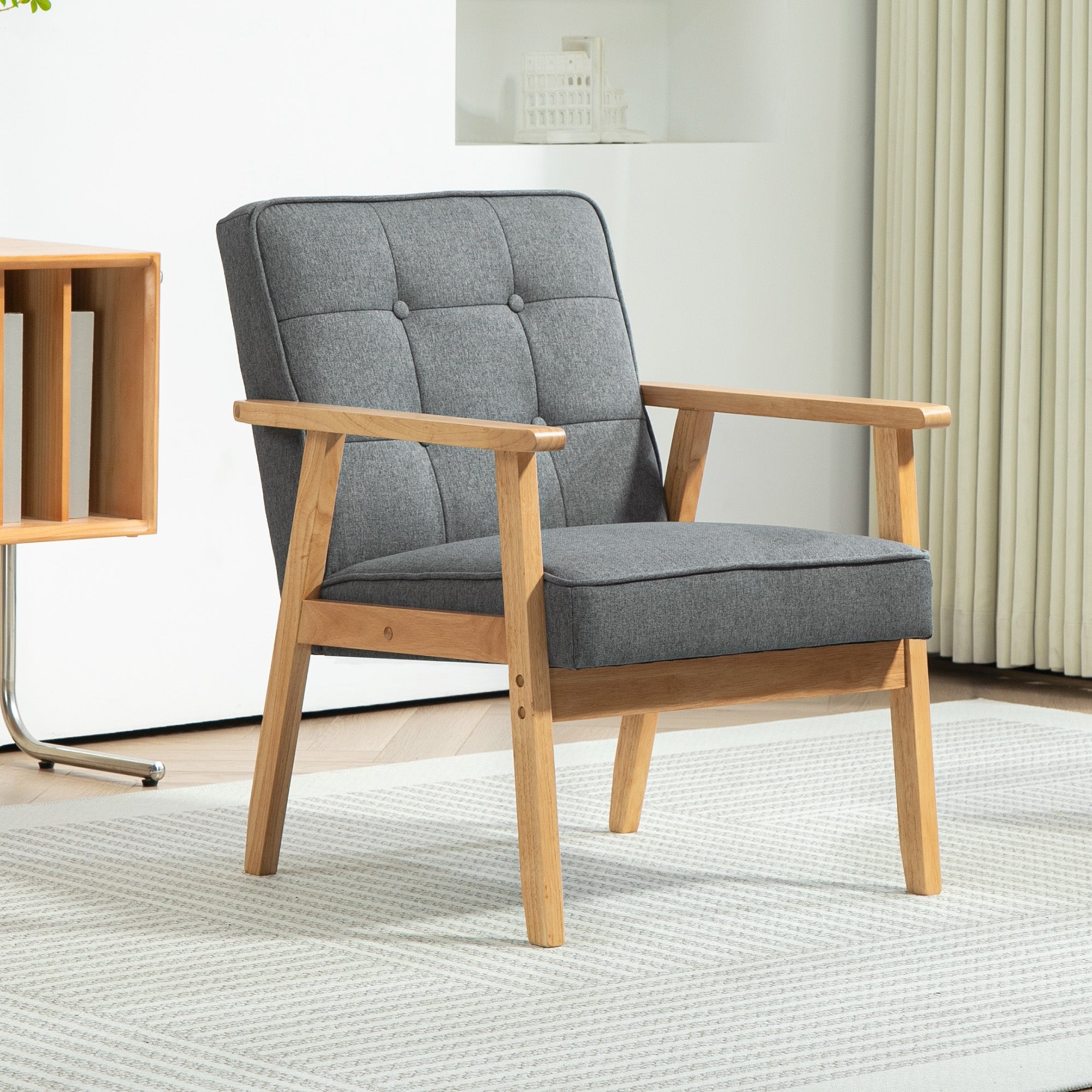 HOMCOM Modern Accent Chair with Button Tufted Back, Upholstered Linen Armchair with Solid Wood Frame and Soft Thick Padded for Living Room, Bedroom, Grey