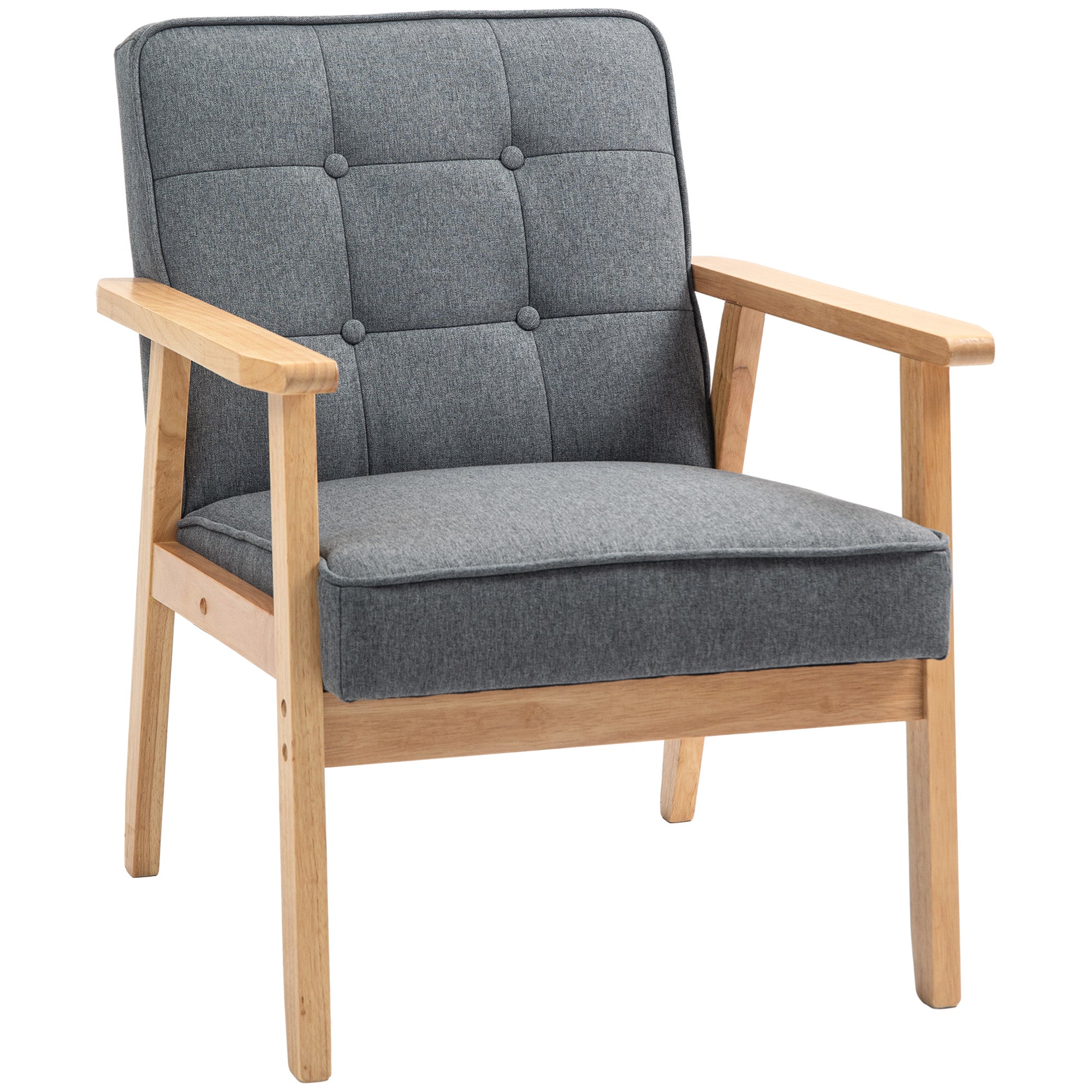 HOMCOM Modern Accent Chair with Button Tufted Back, Upholstered Linen Armchair with Solid Wood Frame and Soft Thick Padded for Living Room, Bedroom, Grey