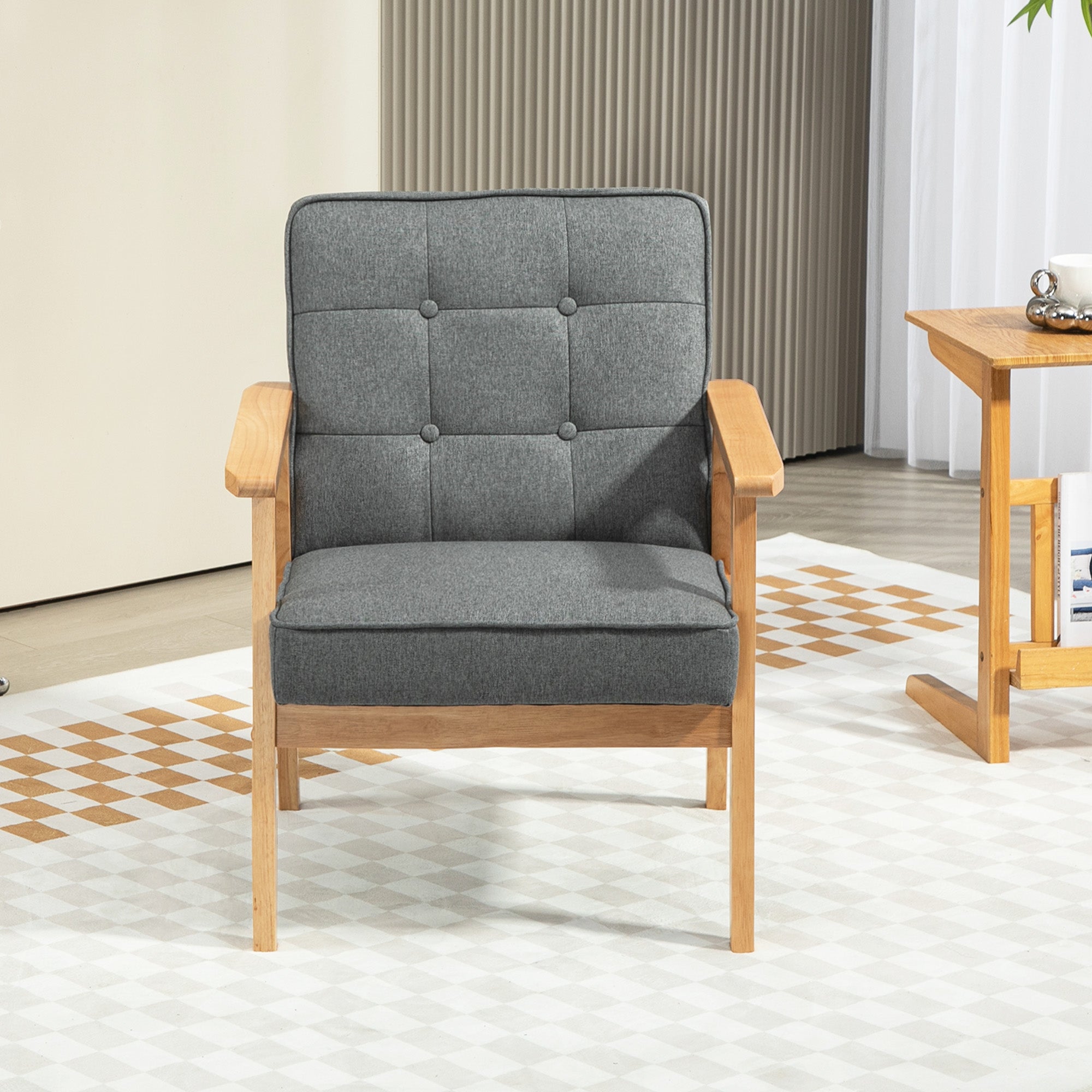 HOMCOM Modern Accent Chair with Button Tufted Back, Upholstered Linen Armchair with Solid Wood Frame and Soft Thick Padded for Living Room, Bedroom, Grey