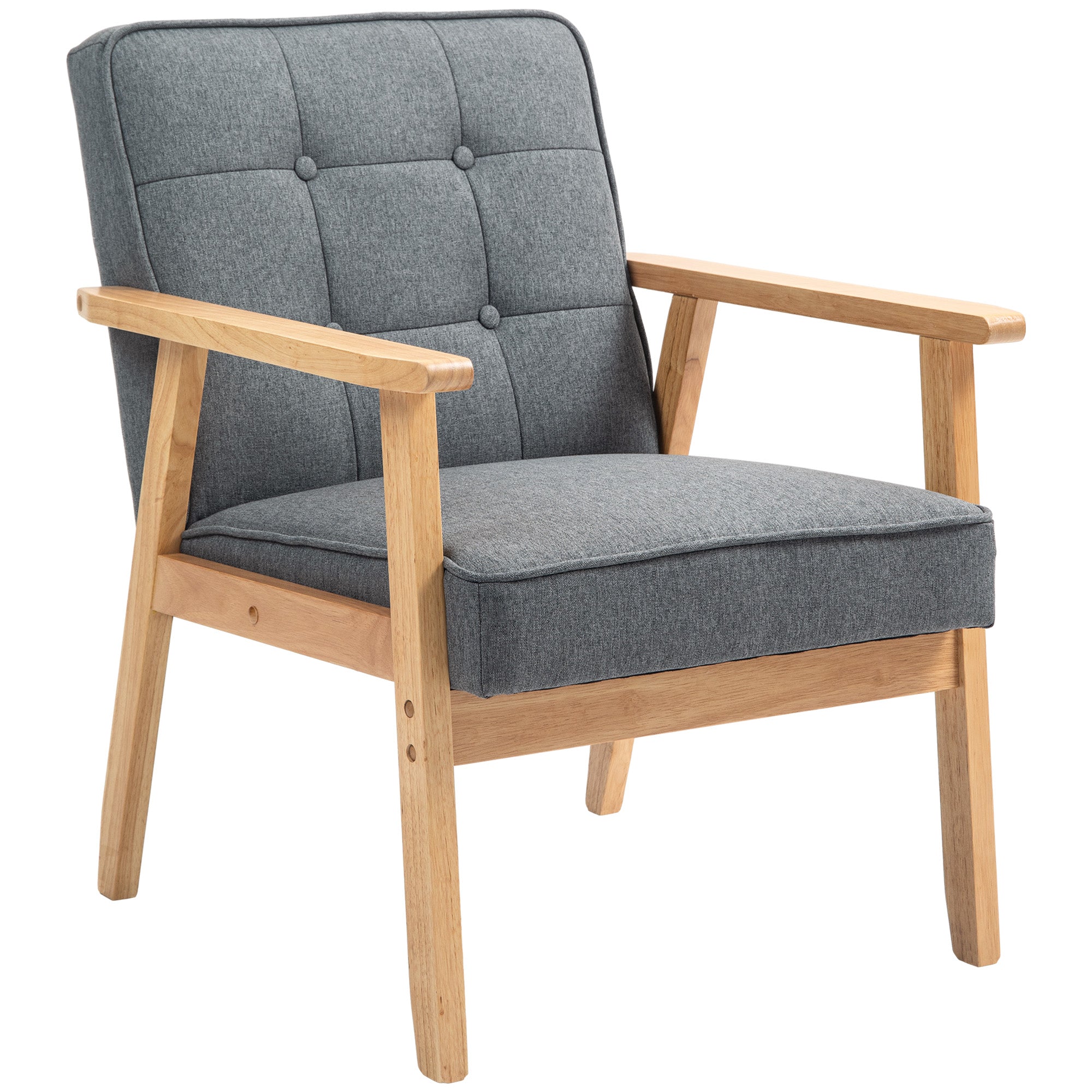 HOMCOM Modern Accent Chair with Button Tufted Back, Upholstered Linen Armchair with Solid Wood Frame and Soft Thick Padded for Living Room, Bedroom, Grey