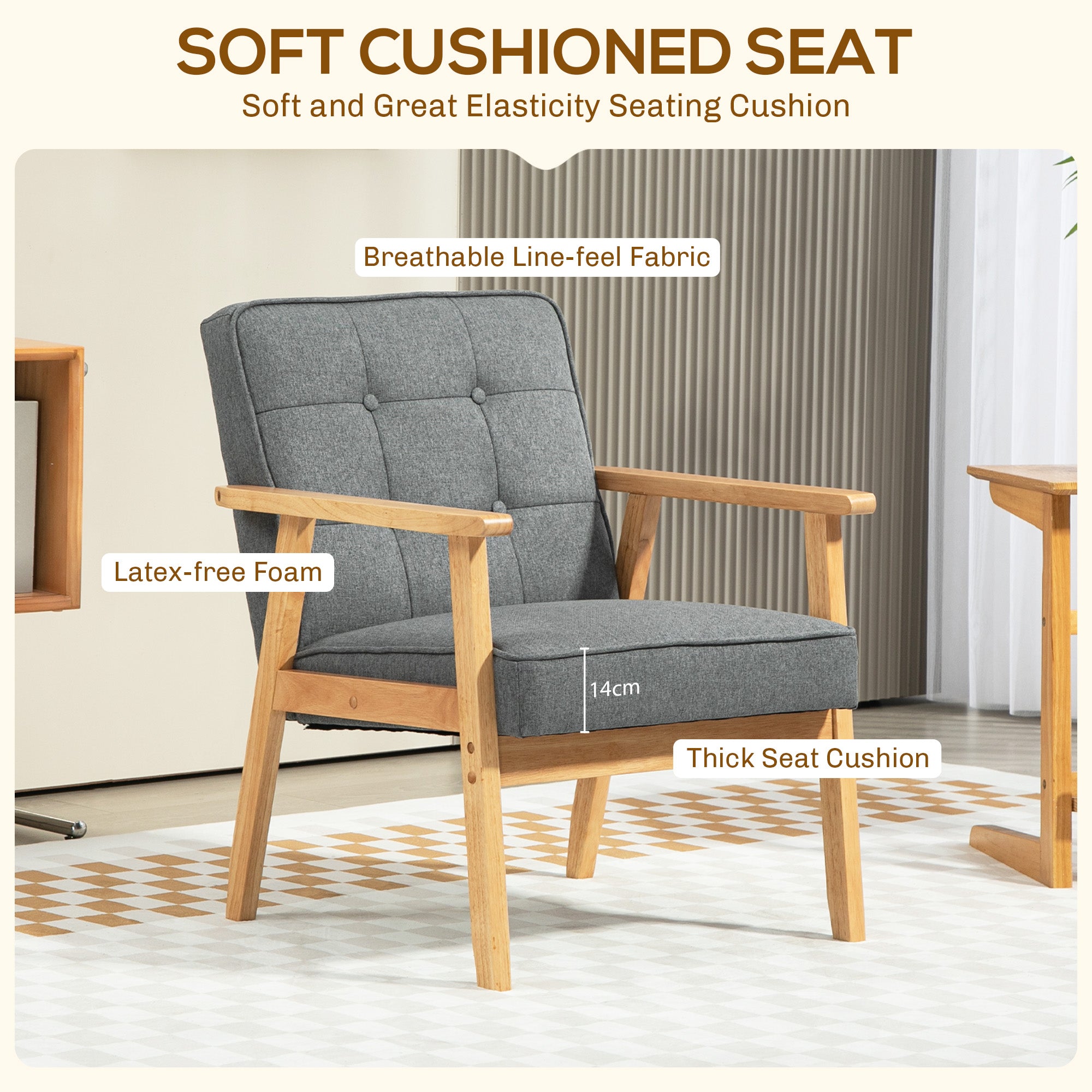 HOMCOM Modern Accent Chair with Button Tufted Back, Upholstered Linen Armchair with Solid Wood Frame and Soft Thick Padded for Living Room, Bedroom, Grey