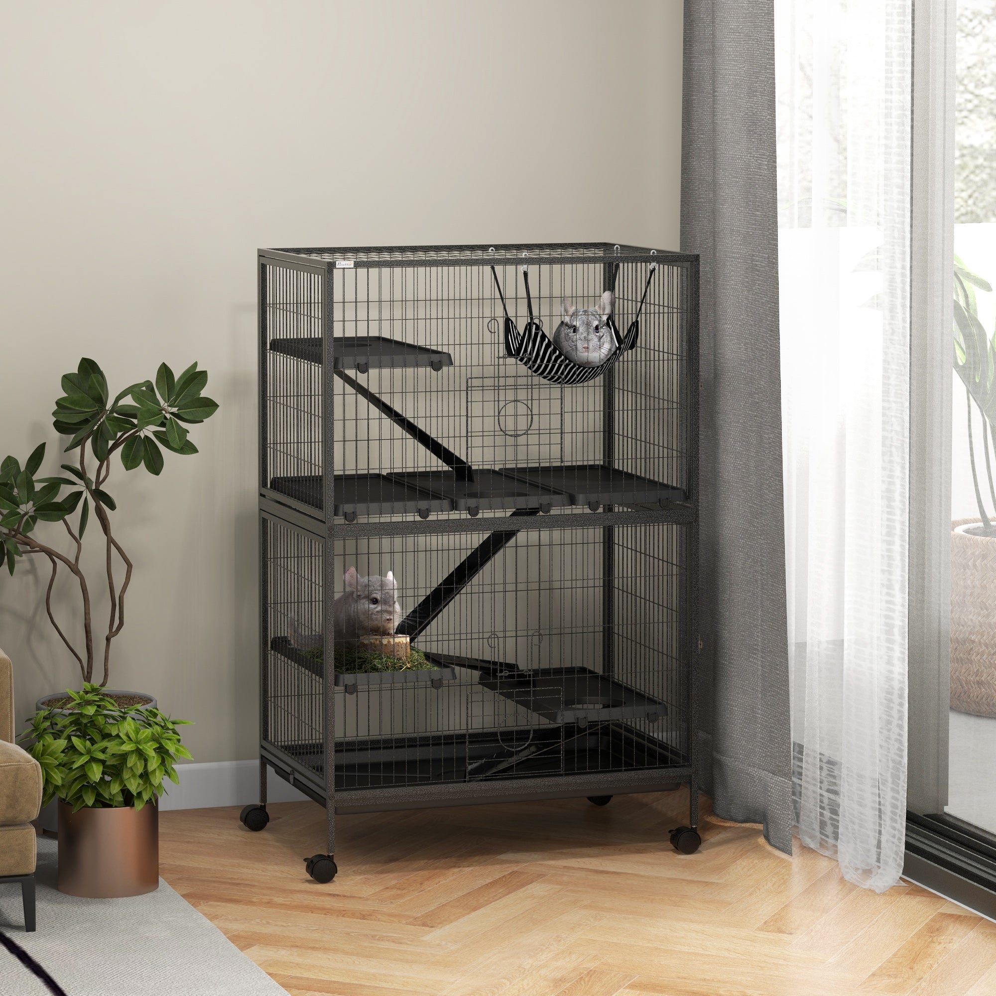 PawHut 5-Tier Rolling Small Animal Cage, Deluxe Guinea Pig Cage, Ferret Cage for Mink Chinchilla Kitten Rabbit, Small Pet Play House with Hammock Platform, Ramp, Tray, Dark Grey