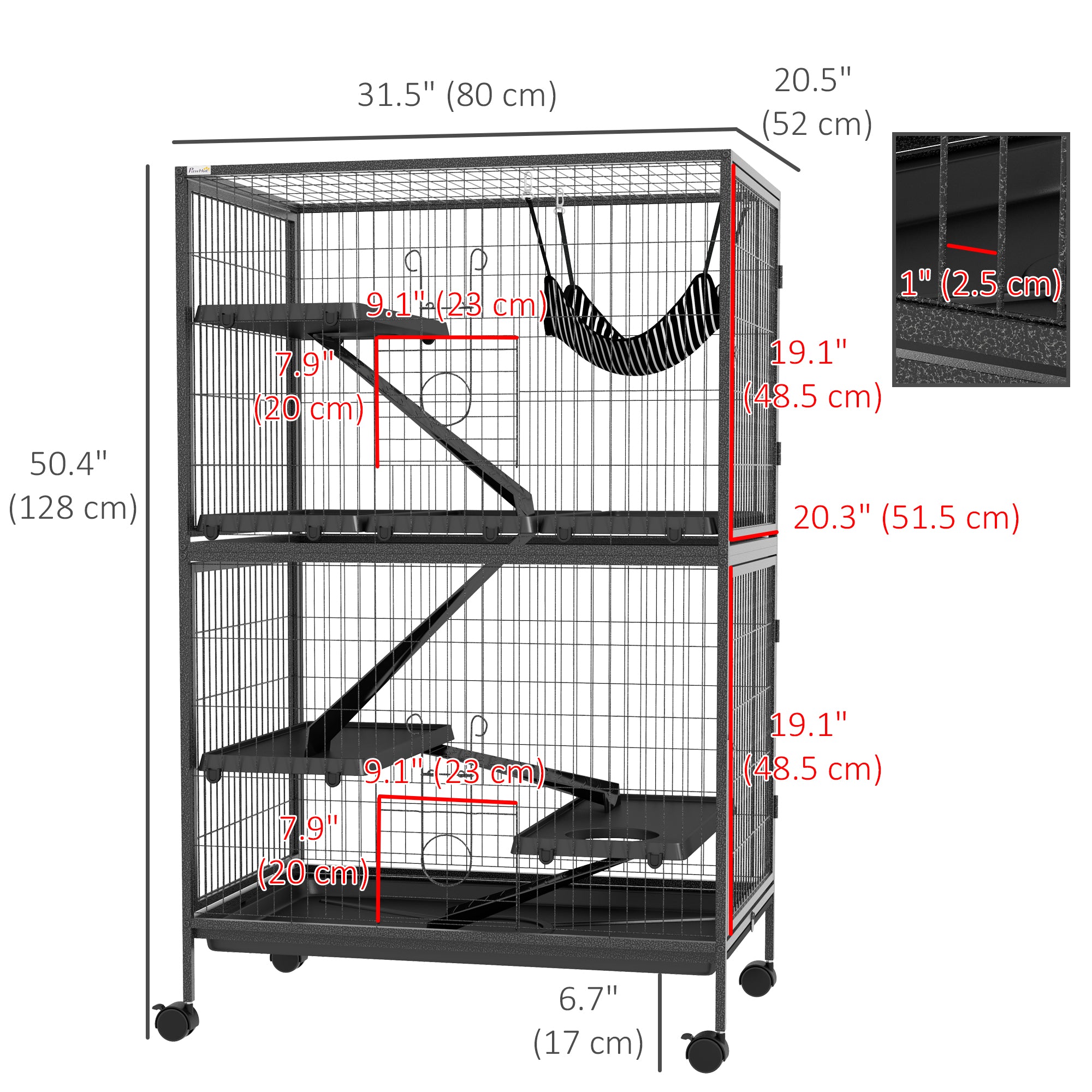 PawHut 5-Tier Rolling Small Animal Cage, Deluxe Guinea Pig Cage, Ferret Cage for Mink Chinchilla Kitten Rabbit, Small Pet Play House with Hammock Platform, Ramp, Tray, Dark Grey