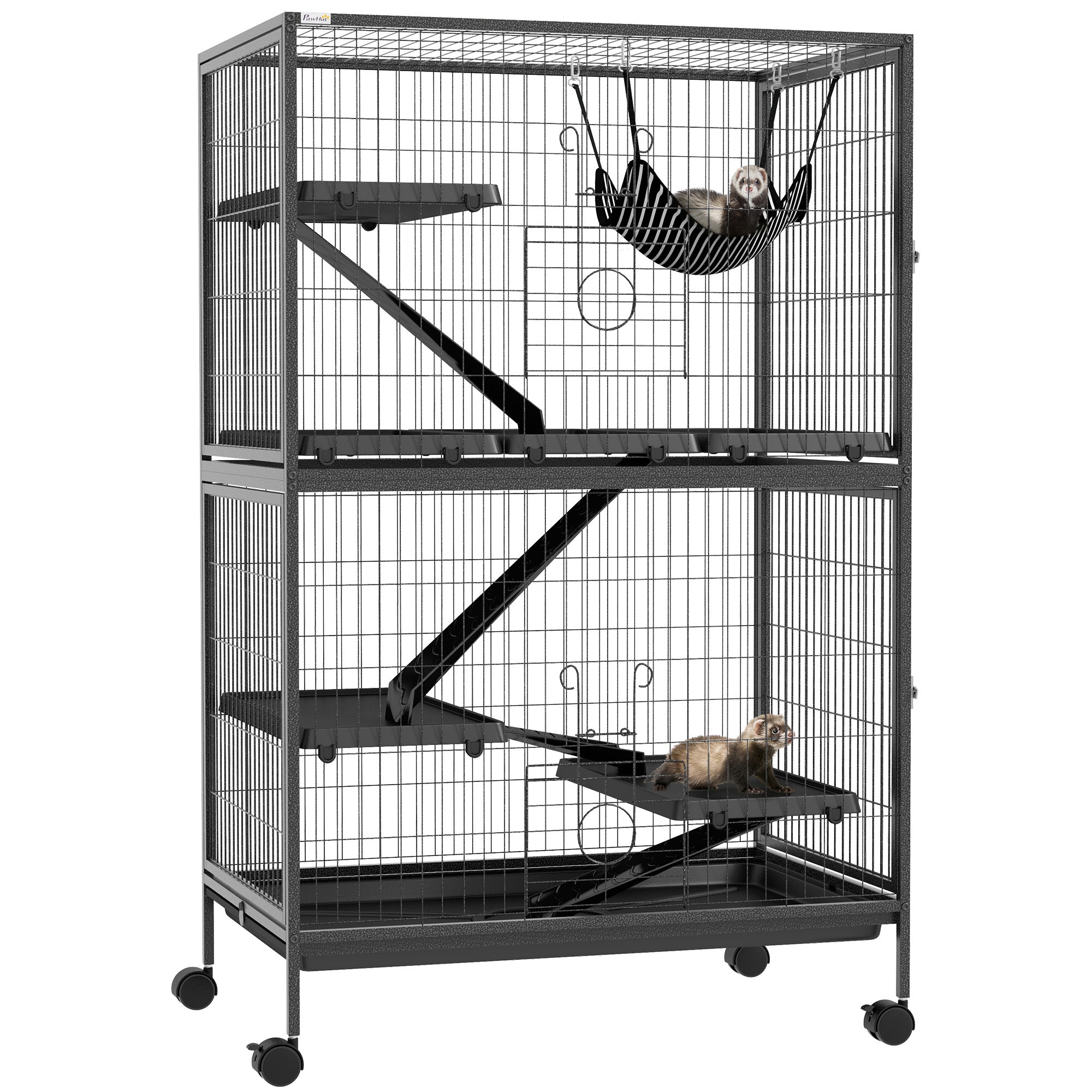 PawHut 5-Tier Rolling Small Animal Cage, Deluxe Guinea Pig Cage, Ferret Cage for Mink Chinchilla Kitten Rabbit, Small Pet Play House with Hammock Platform, Ramp, Tray, Dark Grey
