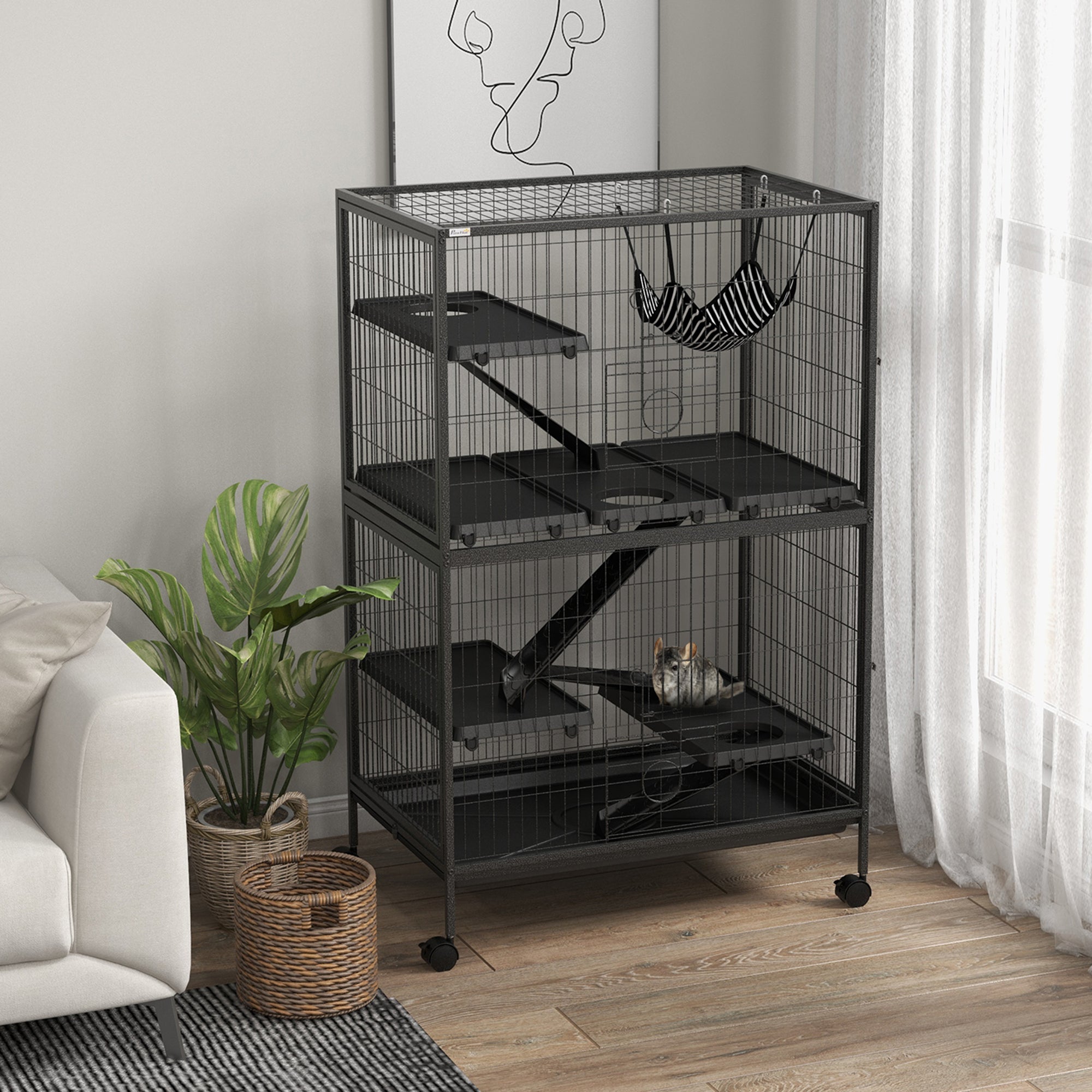 PawHut 5-Tier Rolling Small Animal Cage, Deluxe Guinea Pig Cage, Ferret Cage for Mink Chinchilla Kitten Rabbit, Small Pet Play House with Hammock Platform, Ramp, Tray, Dark Grey