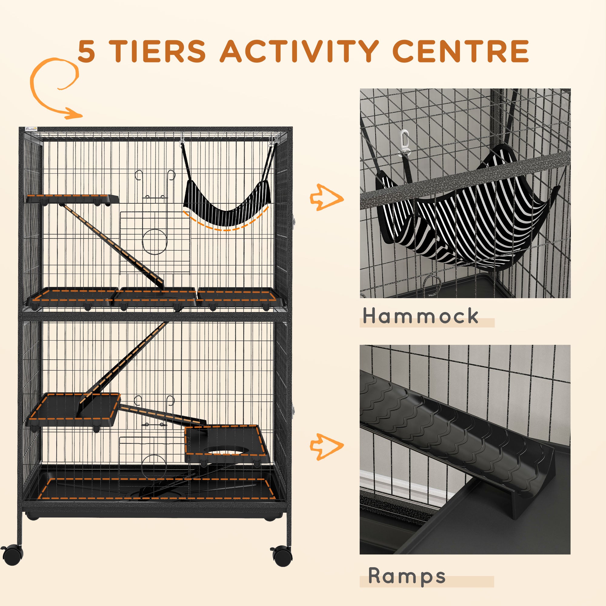 PawHut 5-Tier Rolling Small Animal Cage, Deluxe Guinea Pig Cage, Ferret Cage for Mink Chinchilla Kitten Rabbit, Small Pet Play House with Hammock Platform, Ramp, Tray, Dark Grey