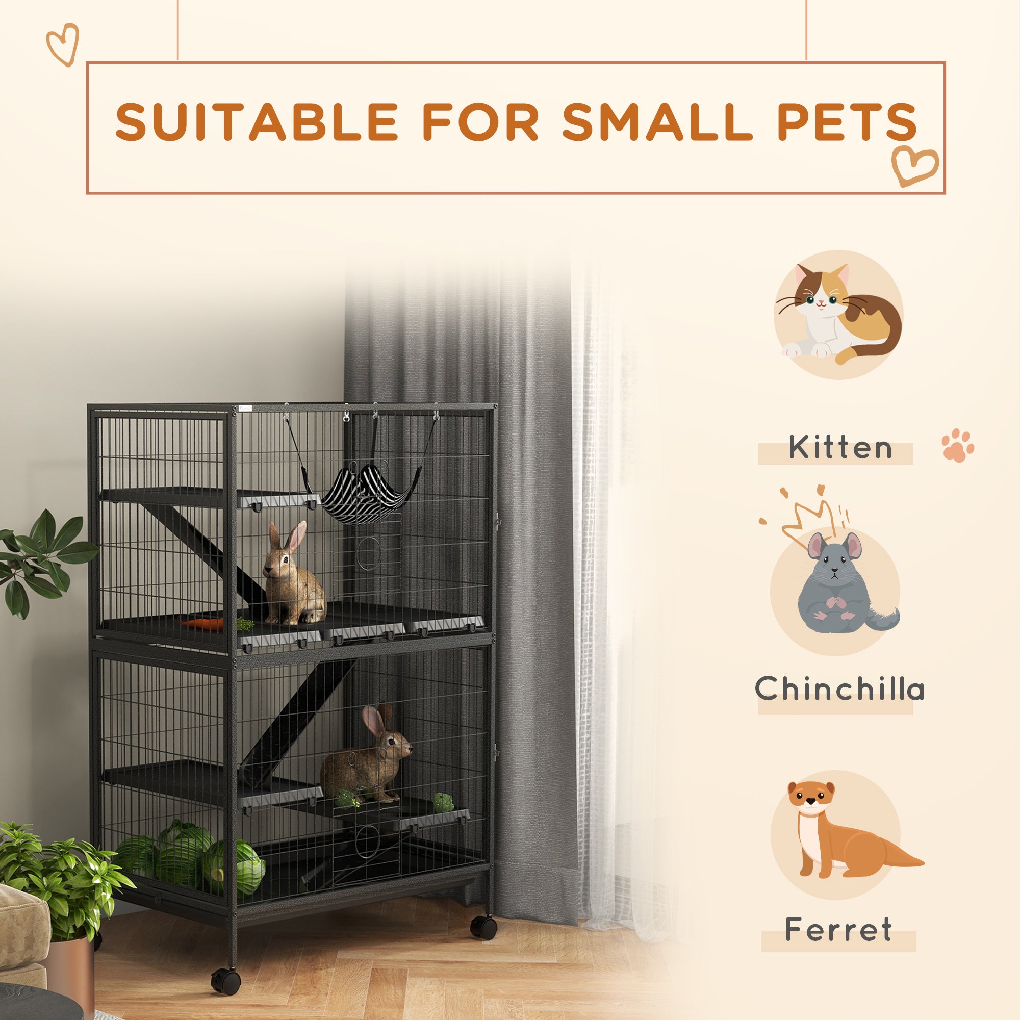PawHut 5-Tier Rolling Small Animal Cage, Deluxe Guinea Pig Cage, Ferret Cage for Mink Chinchilla Kitten Rabbit, Small Pet Play House with Hammock Platform, Ramp, Tray, Dark Grey