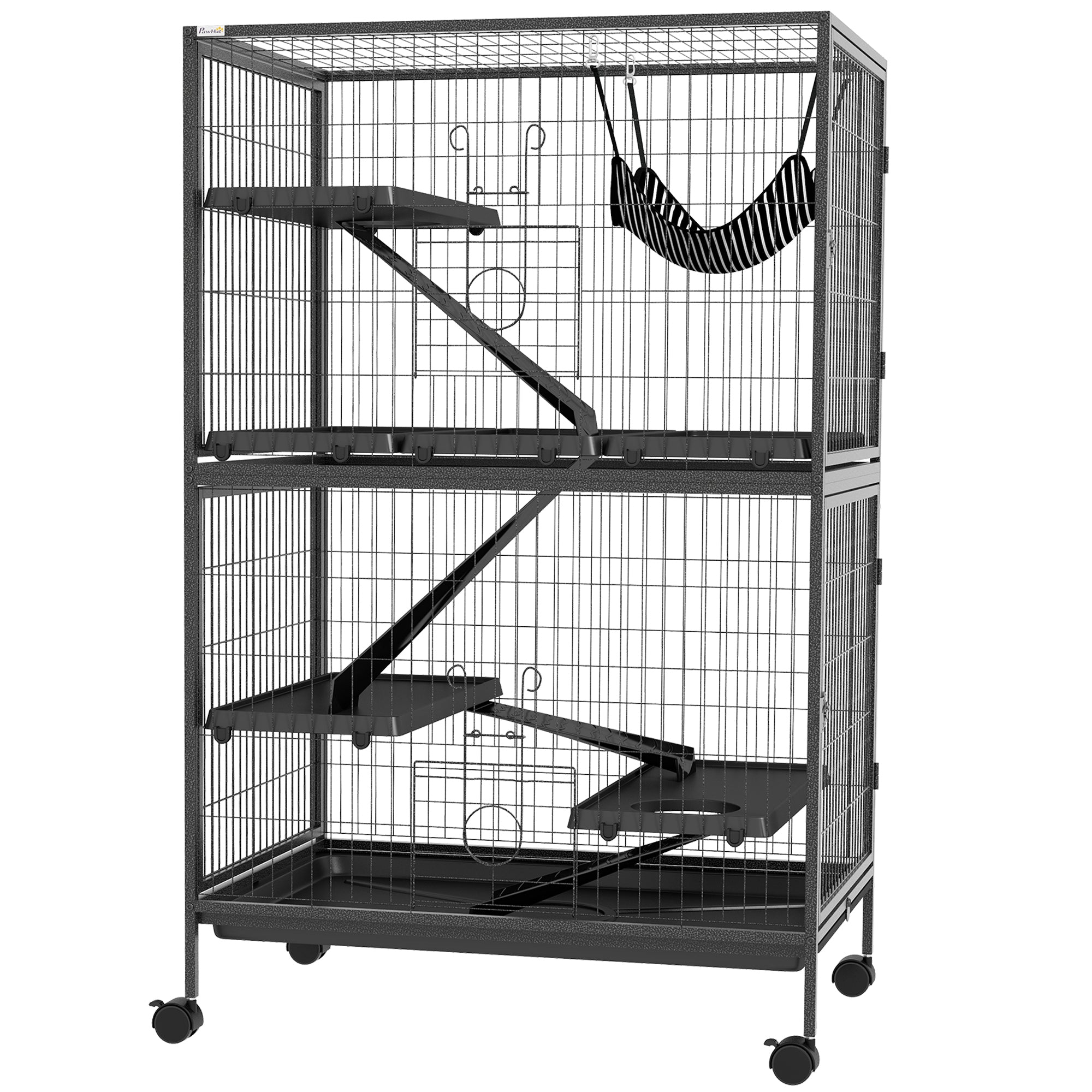 PawHut 5-Tier Rolling Small Animal Cage, Deluxe Guinea Pig Cage, Ferret Cage for Mink Chinchilla Kitten Rabbit, Small Pet Play House with Hammock Platform, Ramp, Tray, Dark Grey