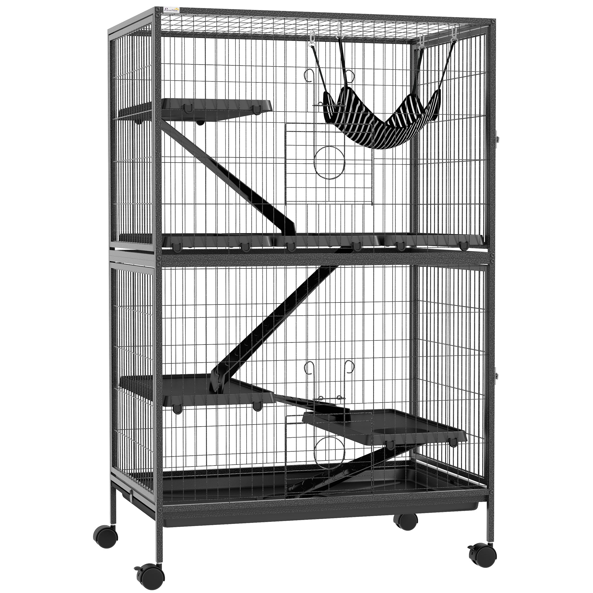 PawHut 5-Tier Rolling Small Animal Cage, Deluxe Guinea Pig Cage, Ferret Cage for Mink Chinchilla Kitten Rabbit, Small Pet Play House with Hammock Platform, Ramp, Tray, Dark Grey