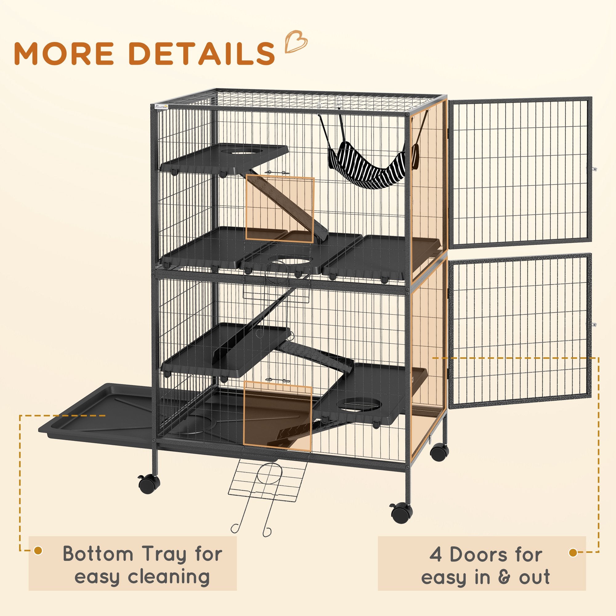 PawHut 5-Tier Rolling Small Animal Cage, Deluxe Guinea Pig Cage, Ferret Cage for Mink Chinchilla Kitten Rabbit, Small Pet Play House with Hammock Platform, Ramp, Tray, Dark Grey