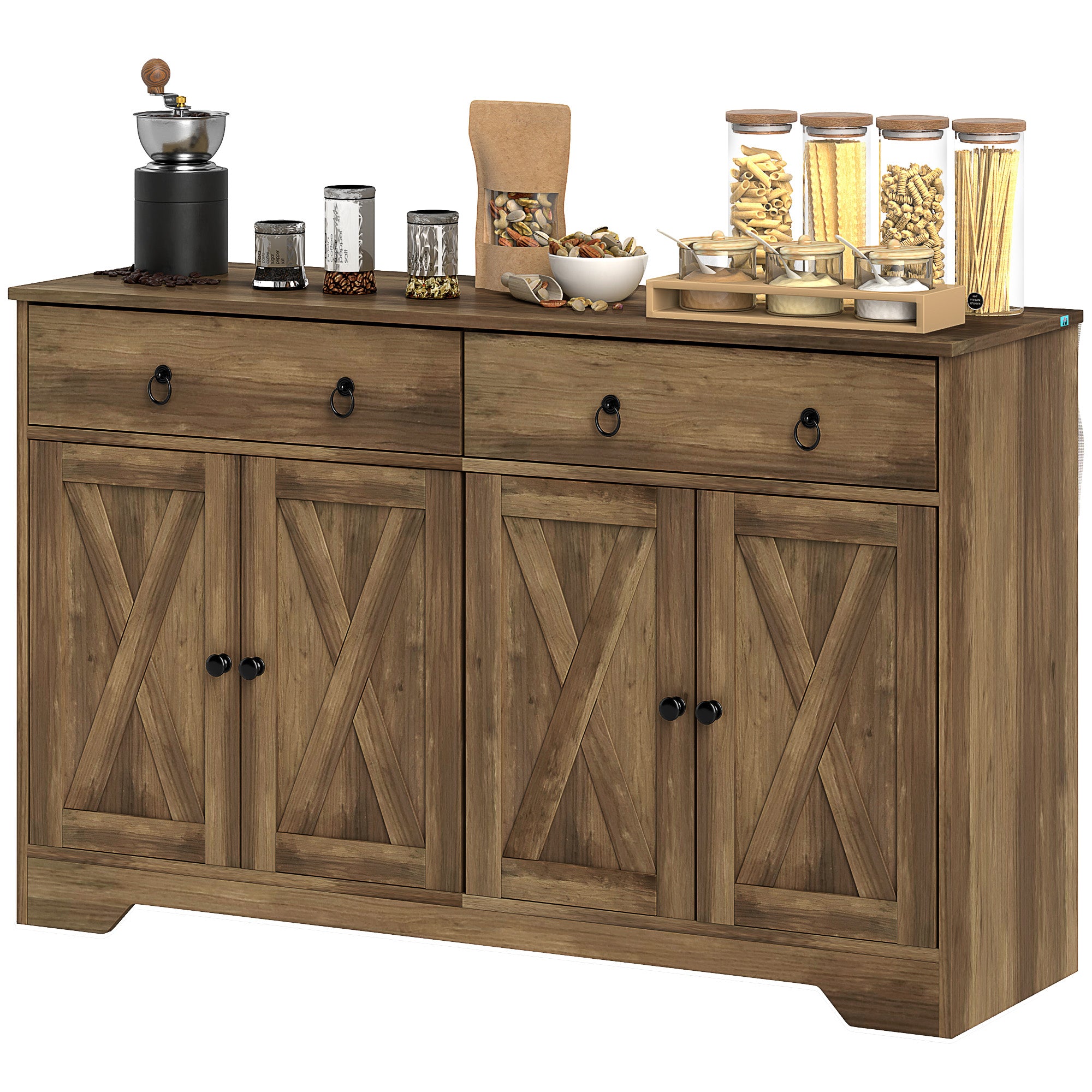 HOMCOM Sideboard Buffet Cabinet with Storage, 48" Kitchen Cabinet with 2 Drawers and 4 Barn Doors, Farmhouse Coffee Bar Cabinet, Light Brown
