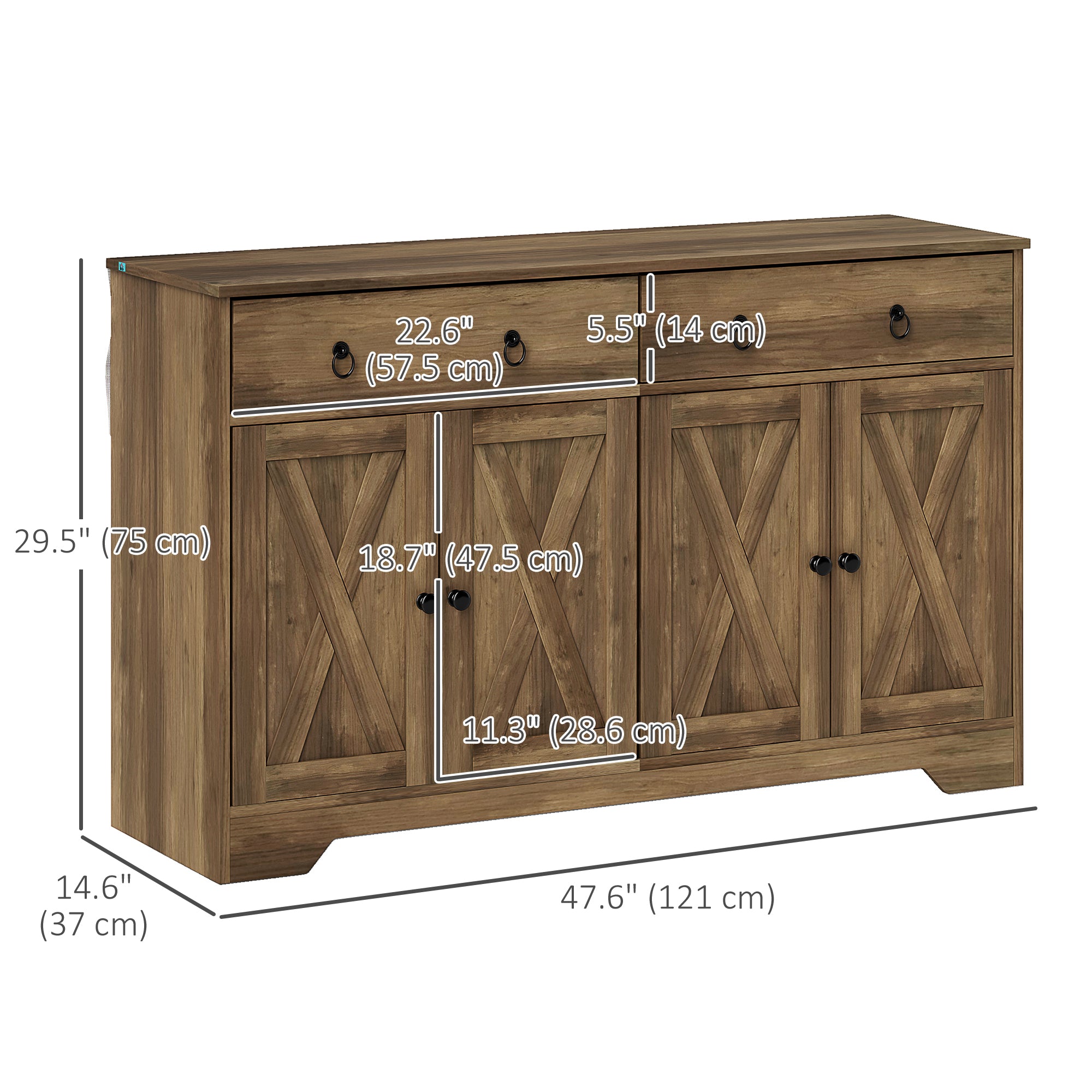 HOMCOM Sideboard Buffet Cabinet with Storage, 48" Kitchen Cabinet with 2 Drawers and 4 Barn Doors, Farmhouse Coffee Bar Cabinet, Light Brown