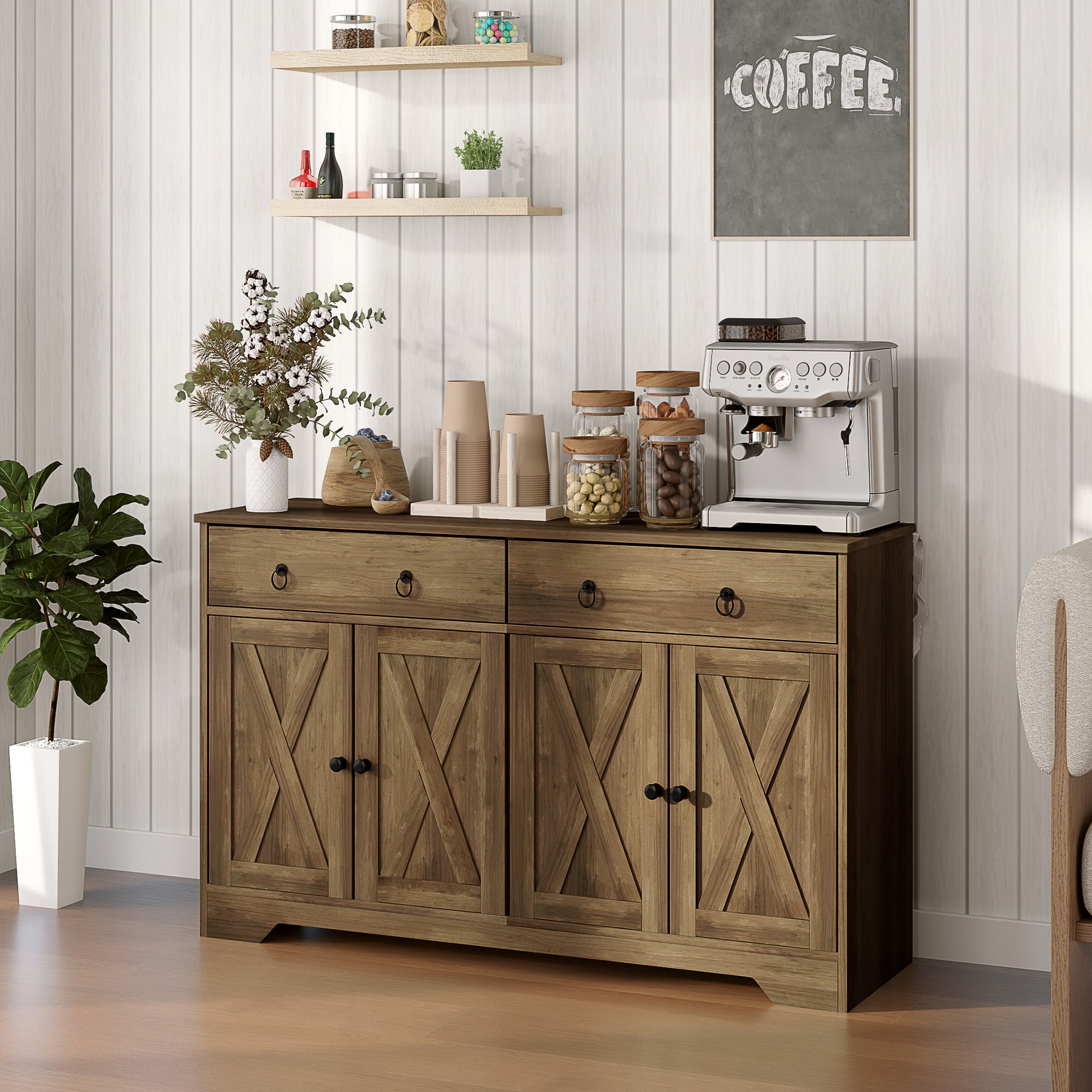 HOMCOM Sideboard Buffet Cabinet with Storage, 48" Kitchen Cabinet with 2 Drawers and 4 Barn Doors, Farmhouse Coffee Bar Cabinet, Light Brown