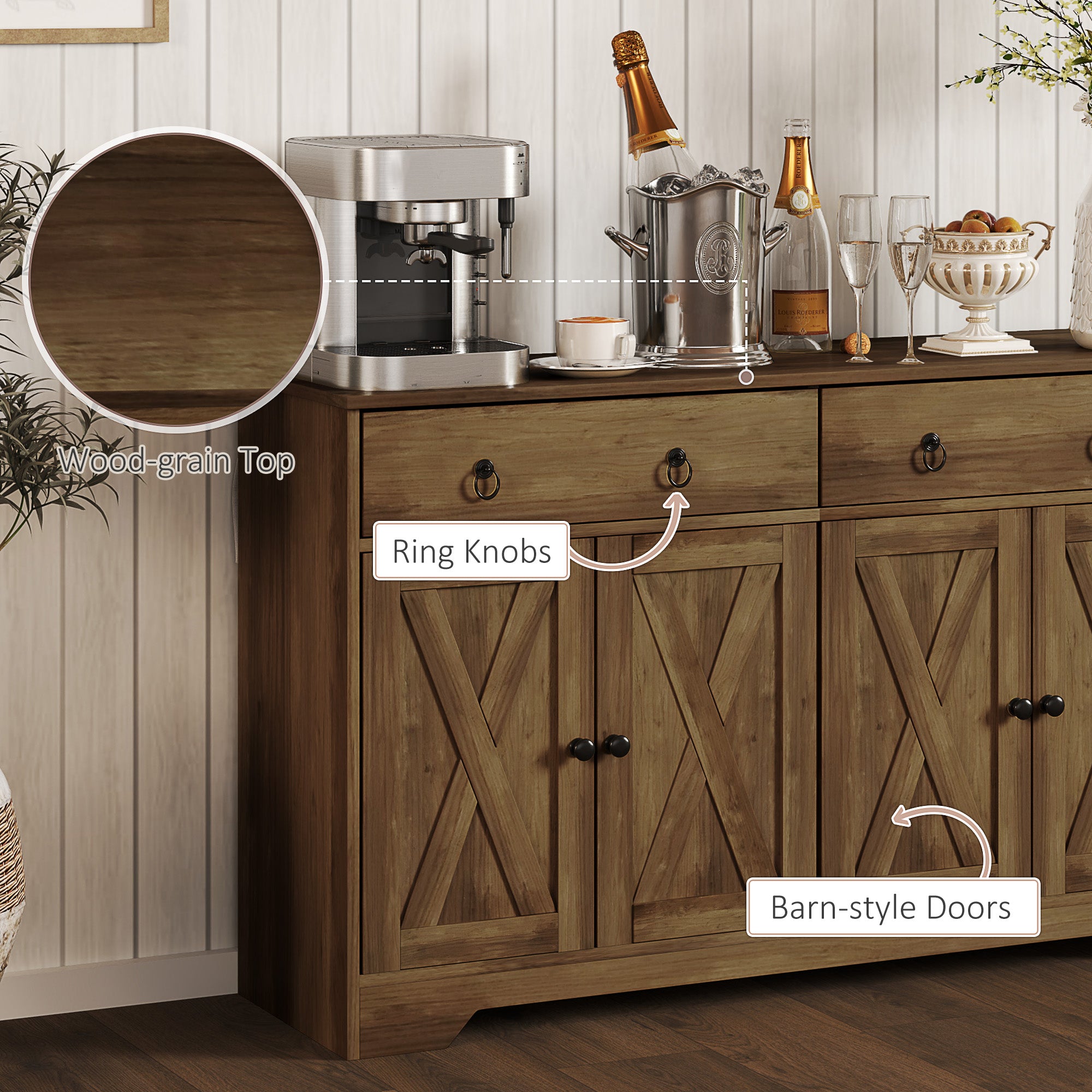 HOMCOM Sideboard Buffet Cabinet with Storage, 48" Kitchen Cabinet with 2 Drawers and 4 Barn Doors, Farmhouse Coffee Bar Cabinet, Light Brown