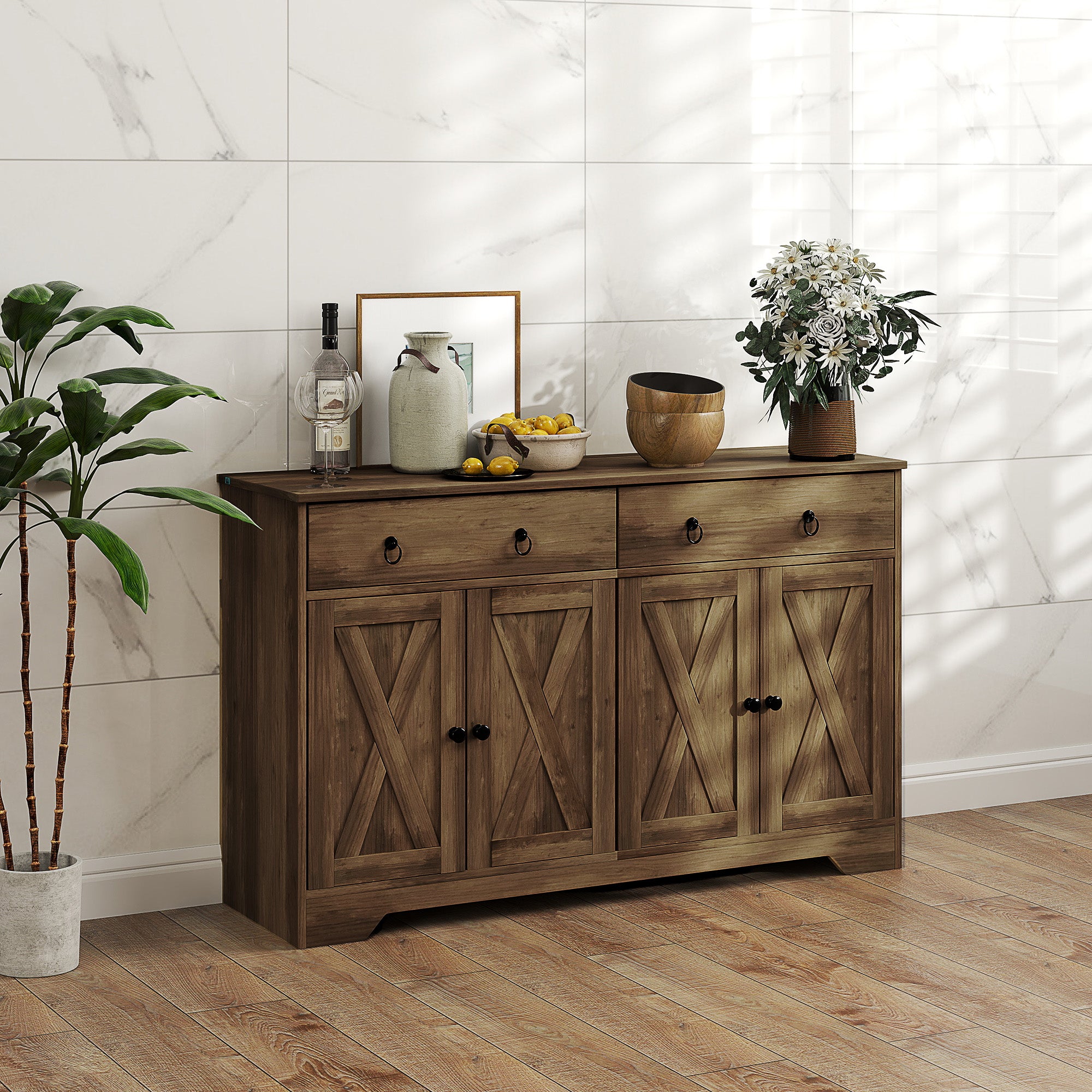 HOMCOM Sideboard Buffet Cabinet with Storage, 48" Kitchen Cabinet with 2 Drawers and 4 Barn Doors, Farmhouse Coffee Bar Cabinet, Light Brown