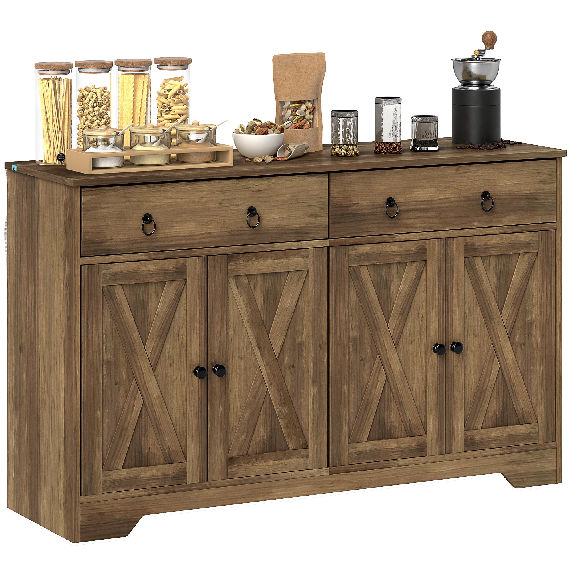 HOMCOM Sideboard Buffet Cabinet with Storage, 48" Kitchen Cabinet with 2 Drawers and 4 Barn Doors, Farmhouse Coffee Bar Cabinet, Light Brown