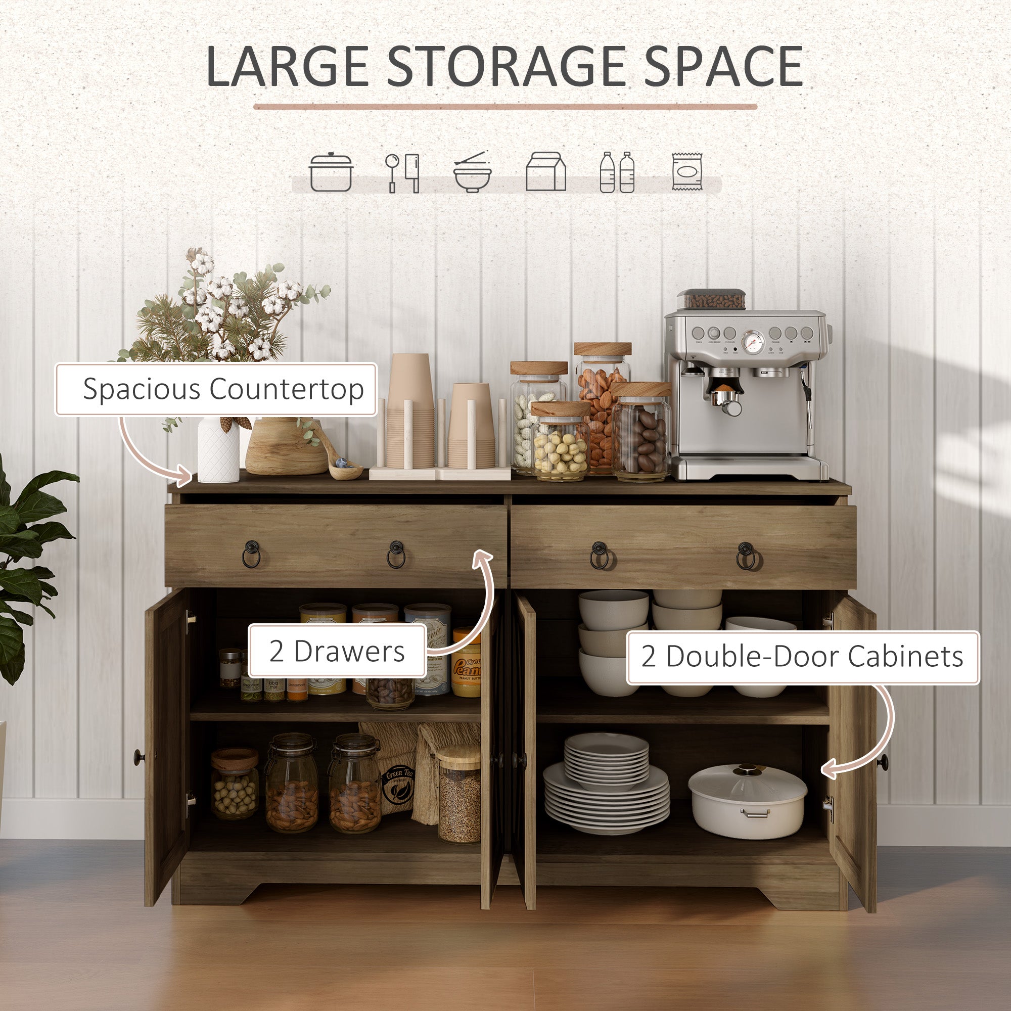 HOMCOM Sideboard Buffet Cabinet with Storage, 48" Kitchen Cabinet with 2 Drawers and 4 Barn Doors, Farmhouse Coffee Bar Cabinet, Light Brown