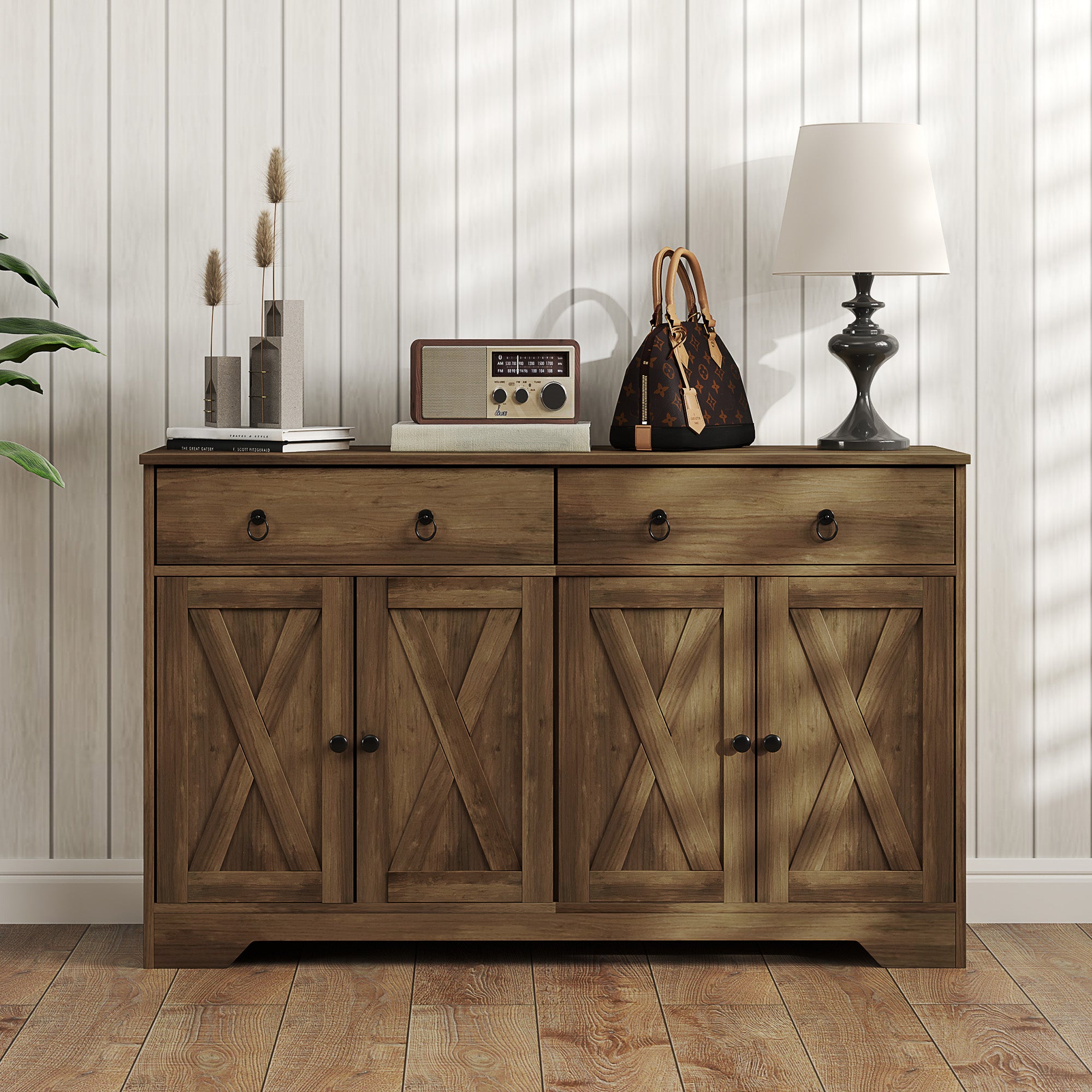 HOMCOM Sideboard Buffet Cabinet with Storage, 48" Kitchen Cabinet with 2 Drawers and 4 Barn Doors, Farmhouse Coffee Bar Cabinet, Light Brown