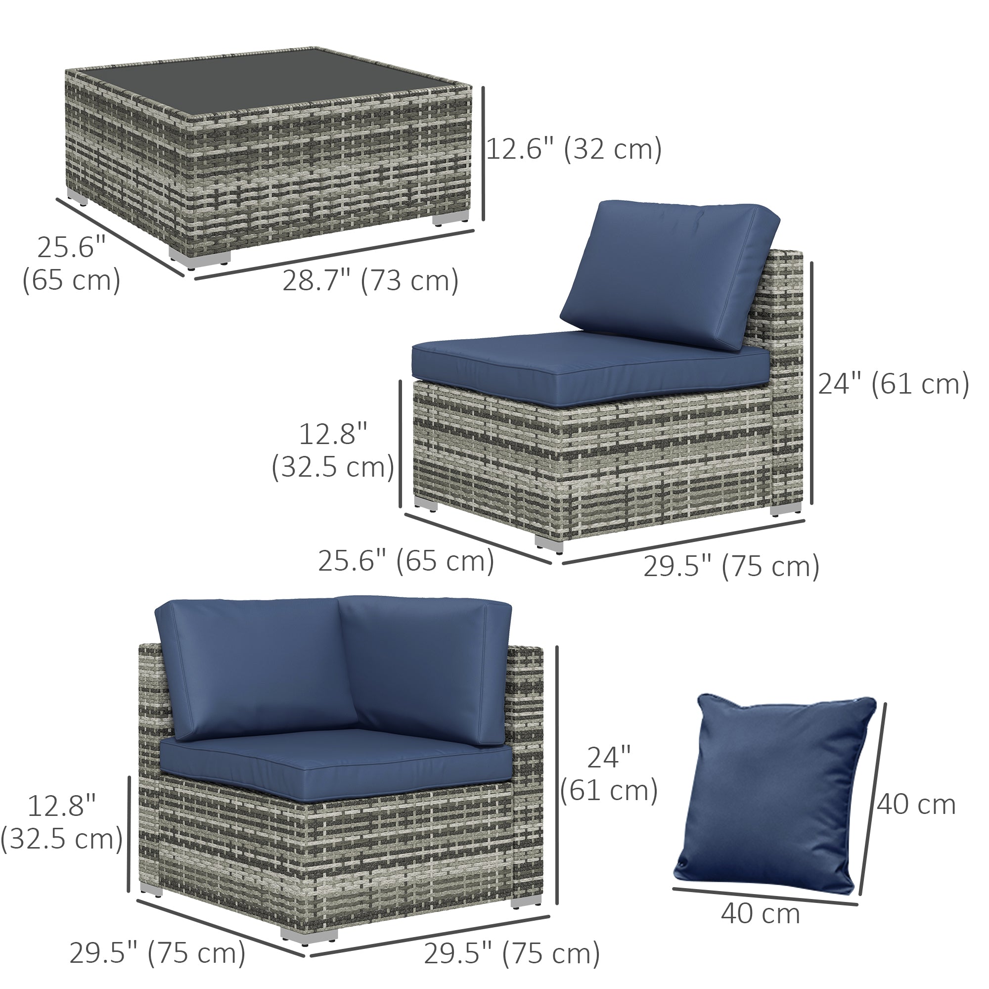 Outsunny 7 Piece Patio Furniture Set, PE Rattan Outdoor Conversation Set with Sectional Sofa, Glass Tabletop, Cushions and Pillows for Garden, Lawn, Deck, Mixed Grey and Blue