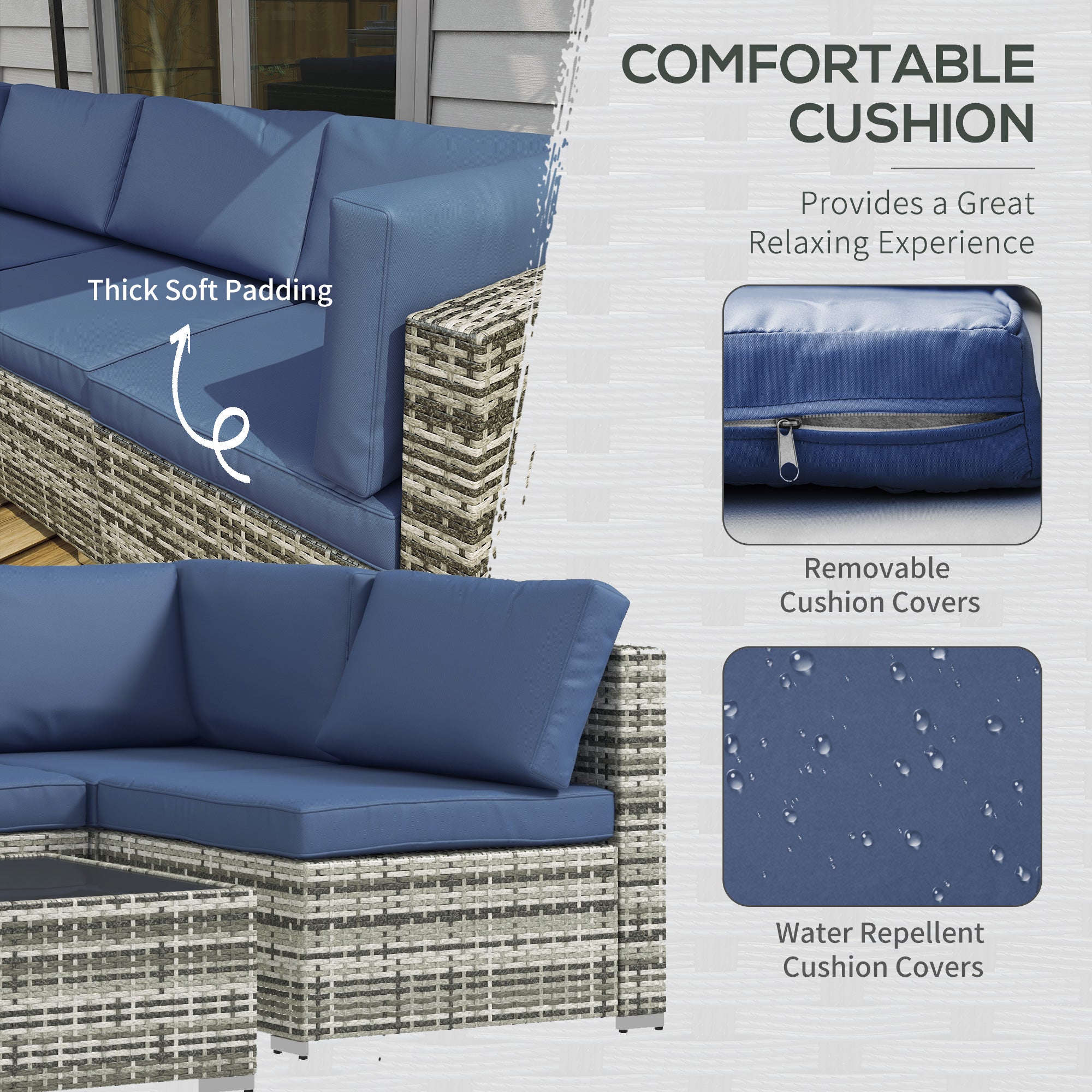 Outsunny 7 Piece Patio Furniture Set, PE Rattan Outdoor Conversation Set with Sectional Sofa, Glass Tabletop, Cushions and Pillows for Garden, Lawn, Deck, Mixed Grey and Blue