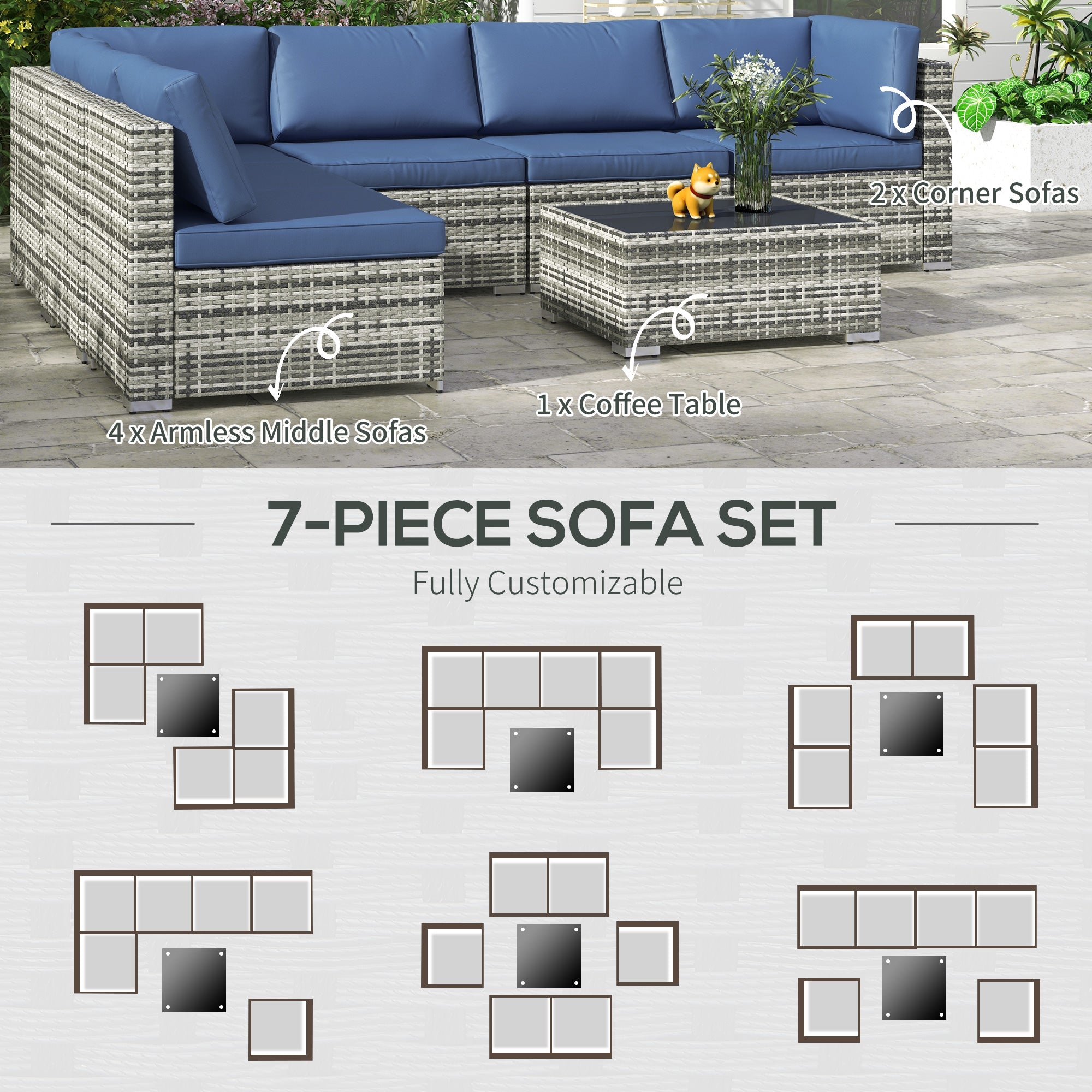 Outsunny 7 Piece Patio Furniture Set, PE Rattan Outdoor Conversation Set with Sectional Sofa, Glass Tabletop, Cushions and Pillows for Garden, Lawn, Deck, Mixed Grey and Blue