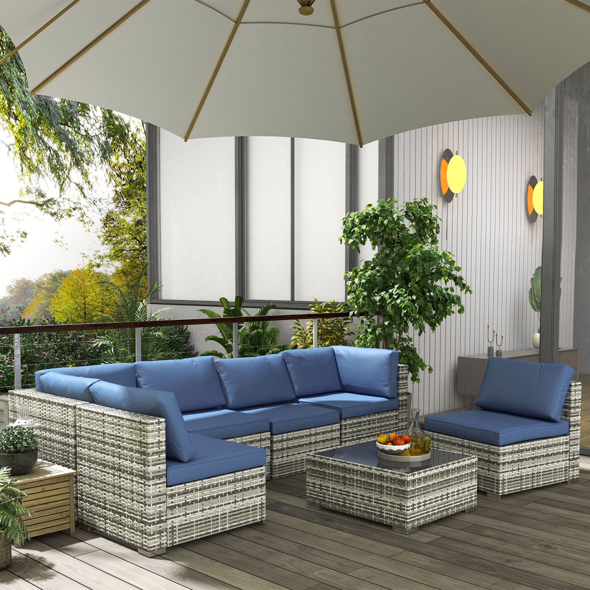 Outsunny 7 Piece Patio Furniture Set, PE Rattan Outdoor Conversation Set with Sectional Sofa, Glass Tabletop, Cushions and Pillows for Garden, Lawn, Deck, Mixed Grey and Blue