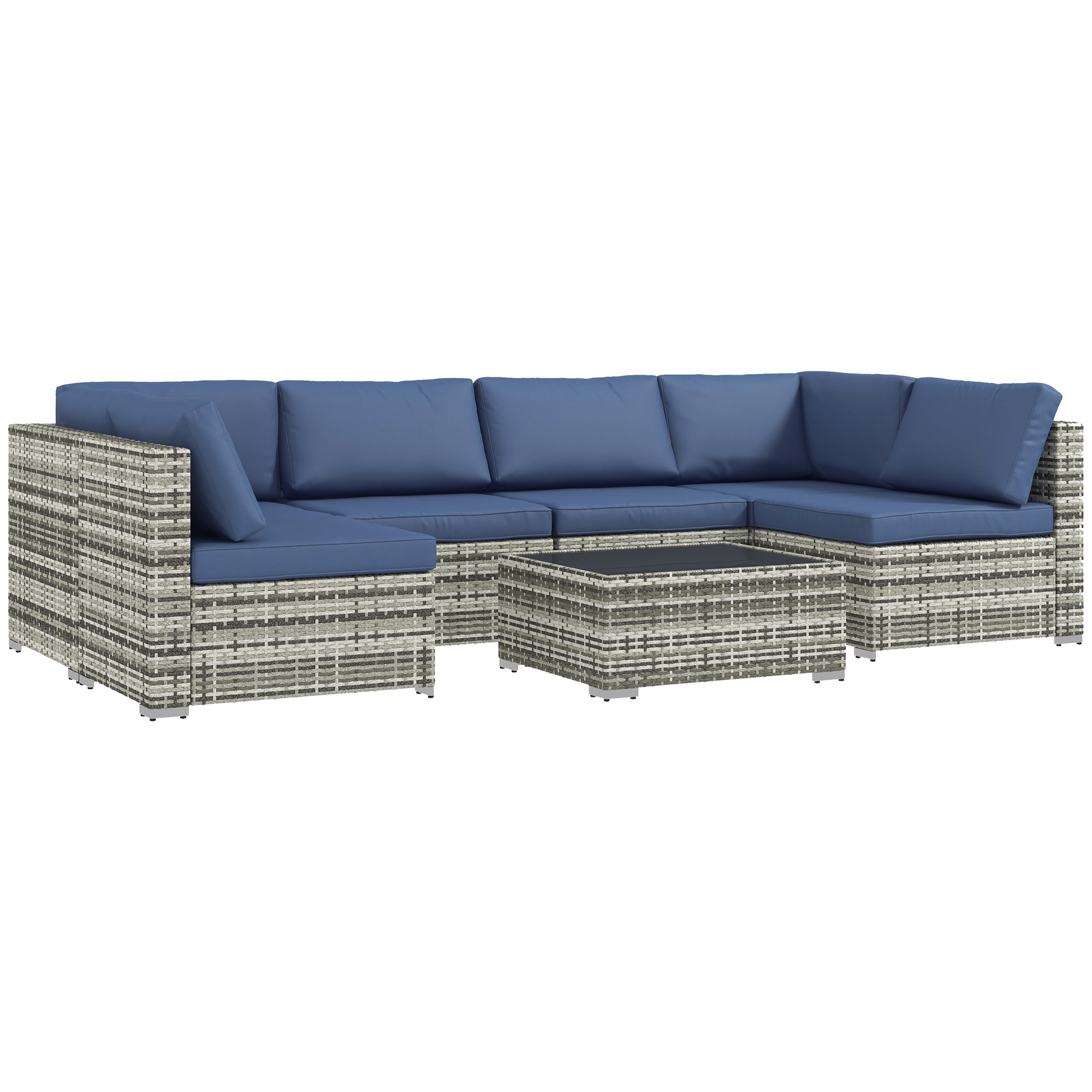 Outsunny 7 Piece Patio Furniture Set, PE Rattan Outdoor Conversation Set with Sectional Sofa, Glass Tabletop, Cushions and Pillows for Garden, Lawn, Deck, Mixed Grey and Blue