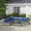 Outsunny 7 Piece Patio Furniture Set, PE Rattan Outdoor Conversation Set with Sectional Sofa, Glass Tabletop, Cushions and Pillows for Garden, Lawn, Deck, Mixed Grey and Blue