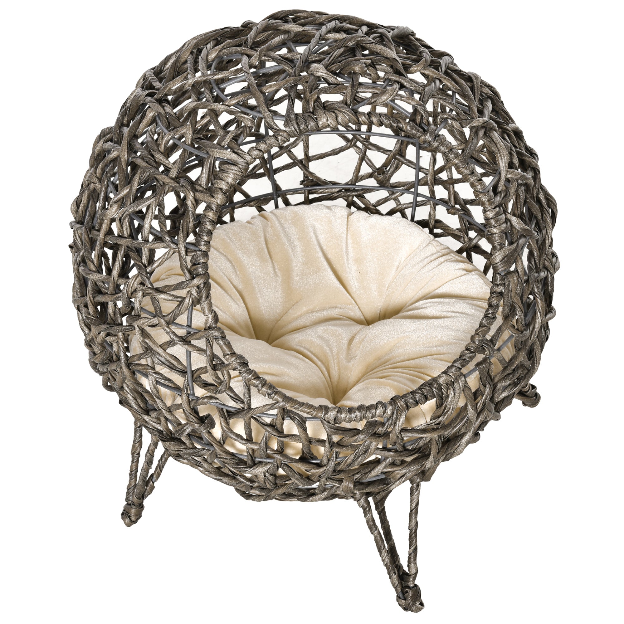 PawHut 20.5" Rattan Cat Bed, Kitten House, Elevated Round Condo for Comfort and Circulation with Cushion, Round Design
