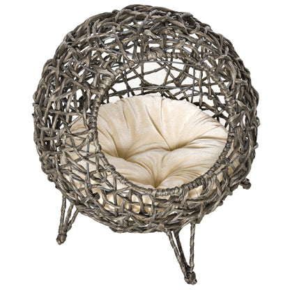 PawHut 20.5" Rattan Cat Bed, Kitten House, Elevated Round Condo for Comfort and Circulation with Cushion, Round Design