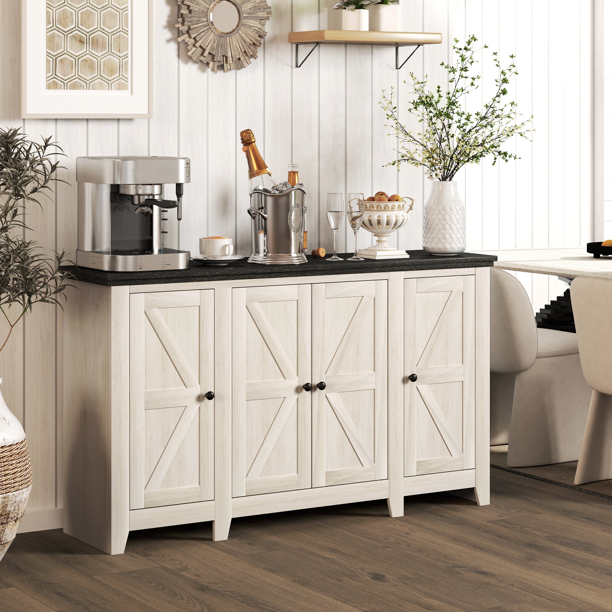 HOMCOM Farmhouse Sideboard, Buffet Cabinet with Storage, Kitchen Storage Cabinets with 4 Barn-style Doors and Adjustable Shelves, Coffee Bar Cabinet, White Wood Grain