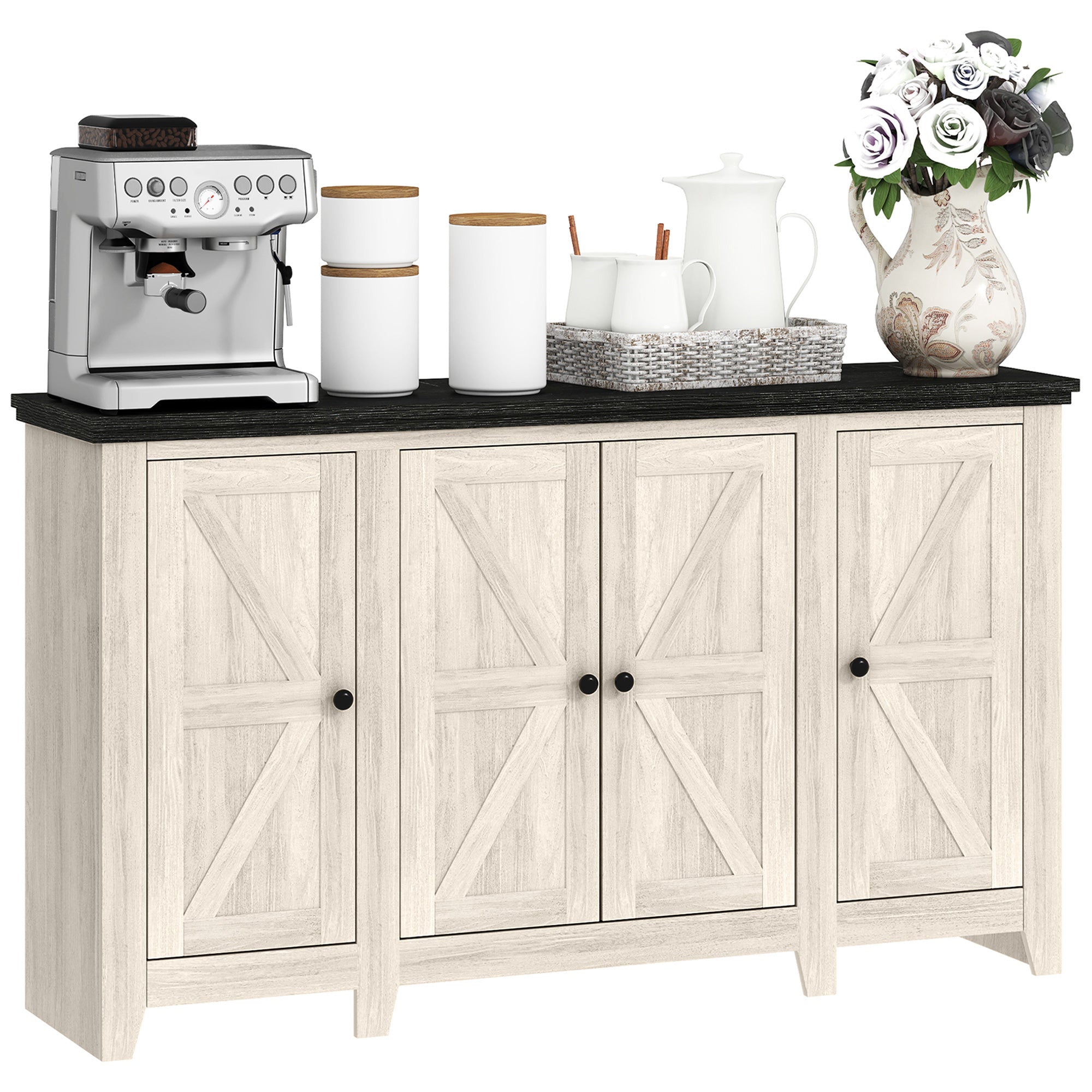 HOMCOM Farmhouse Sideboard, Buffet Cabinet with Storage, Kitchen Storage Cabinets with 4 Barn-style Doors and Adjustable Shelves, Coffee Bar Cabinet, White Wood Grain