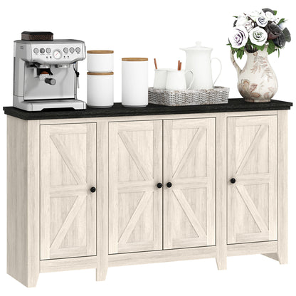 HOMCOM Farmhouse Sideboard, Buffet Cabinet with Storage, Kitchen Storage Cabinets with 4 Barn-style Doors and Adjustable Shelves, Coffee Bar Cabinet, White Wood Grain