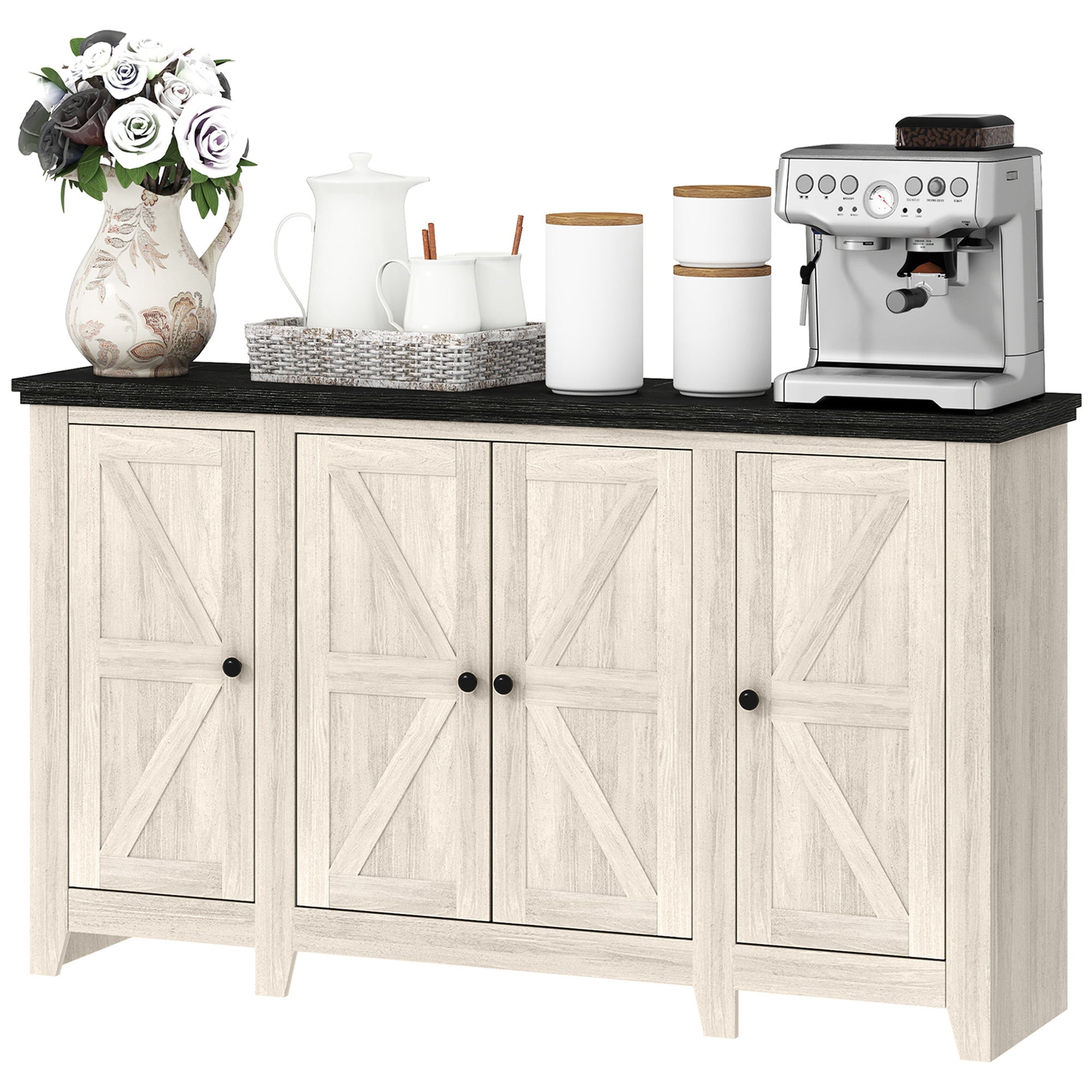 HOMCOM Farmhouse Sideboard, Buffet Cabinet with Storage, Kitchen Storage Cabinets with 4 Barn-style Doors and Adjustable Shelves, Coffee Bar Cabinet, White Wood Grain