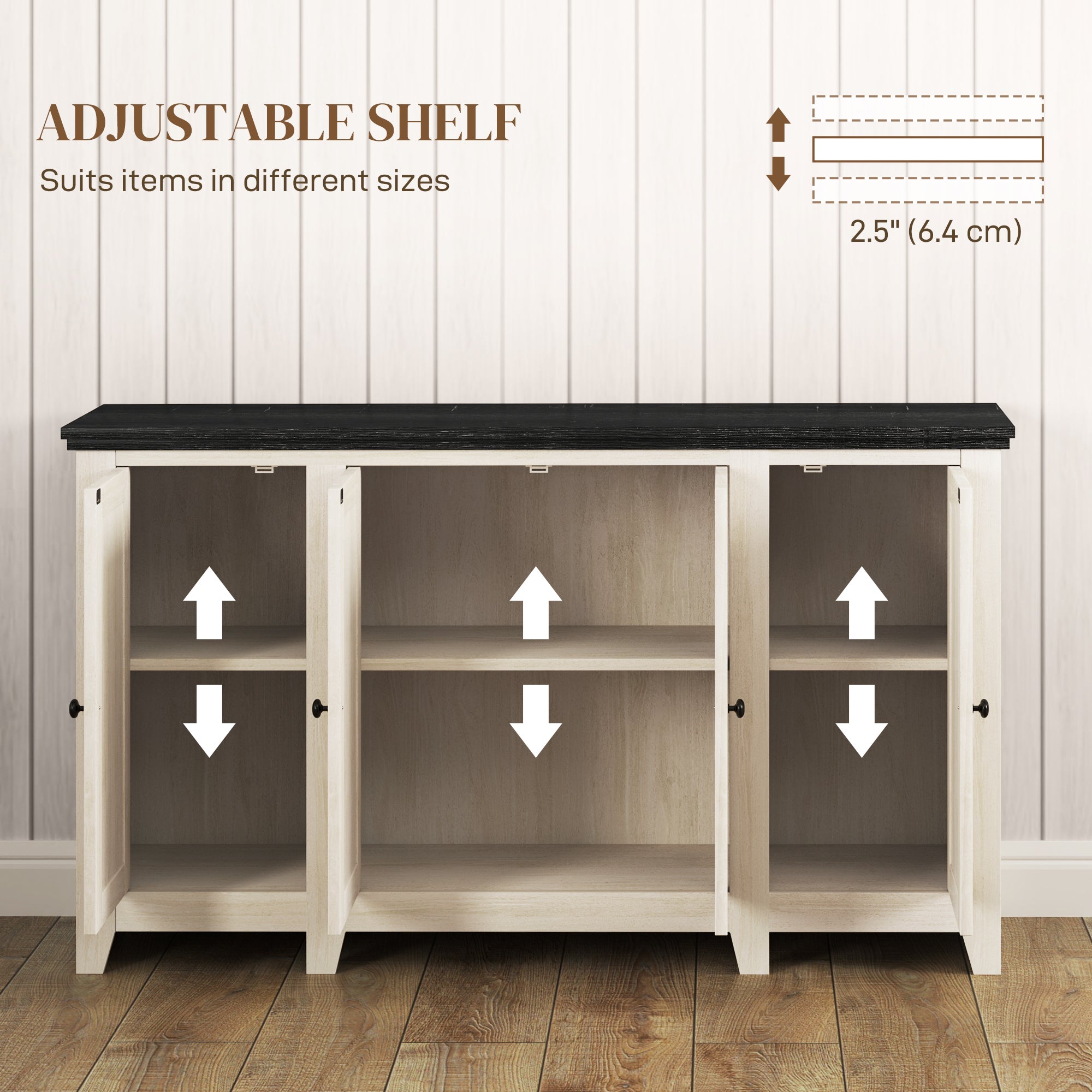 HOMCOM Farmhouse Sideboard, Buffet Cabinet with Storage, Kitchen Storage Cabinets with 4 Barn-style Doors and Adjustable Shelves, Coffee Bar Cabinet, White Wood Grain