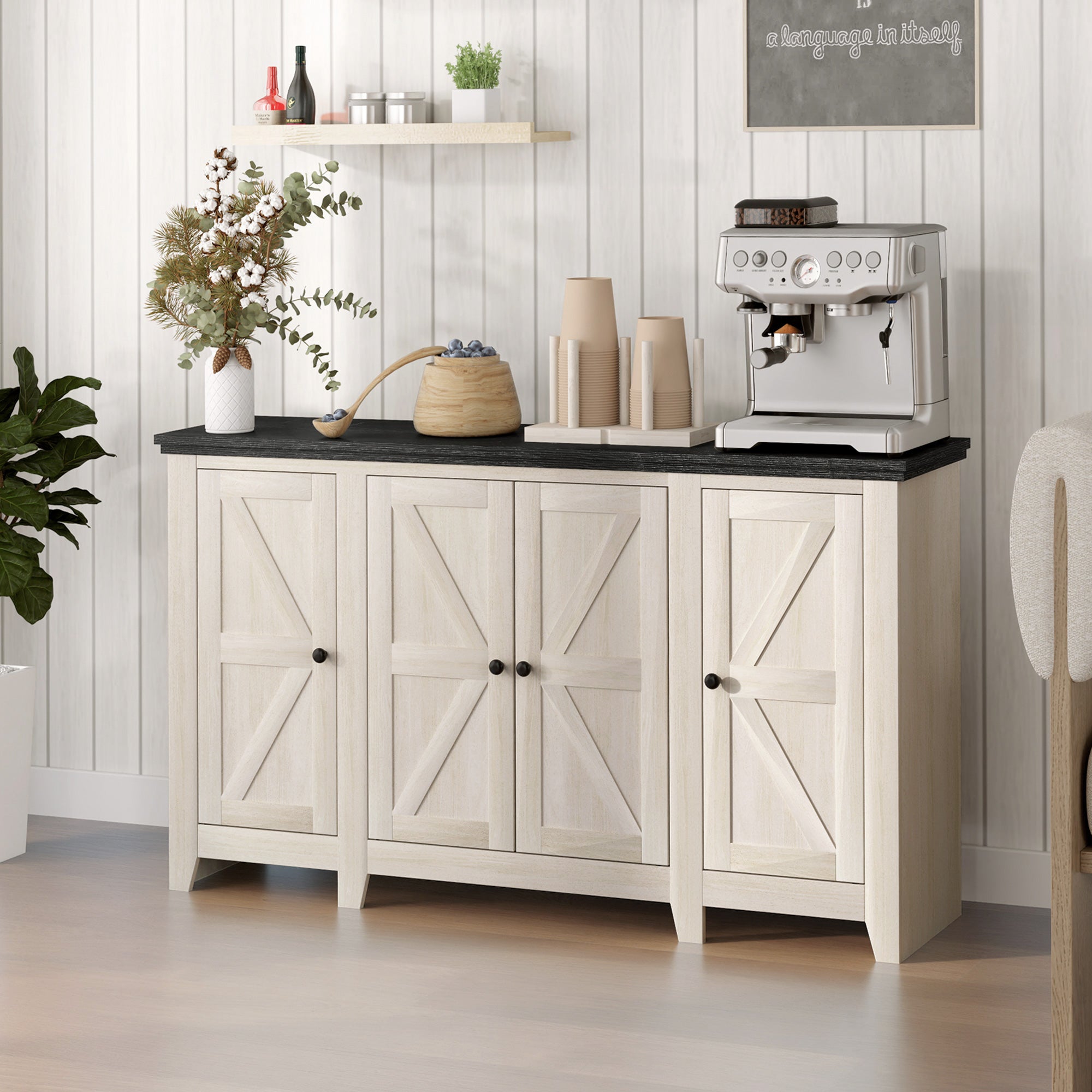 HOMCOM Farmhouse Sideboard, Buffet Cabinet with Storage, Kitchen Storage Cabinets with 4 Barn-style Doors and Adjustable Shelves, Coffee Bar Cabinet, White Wood Grain