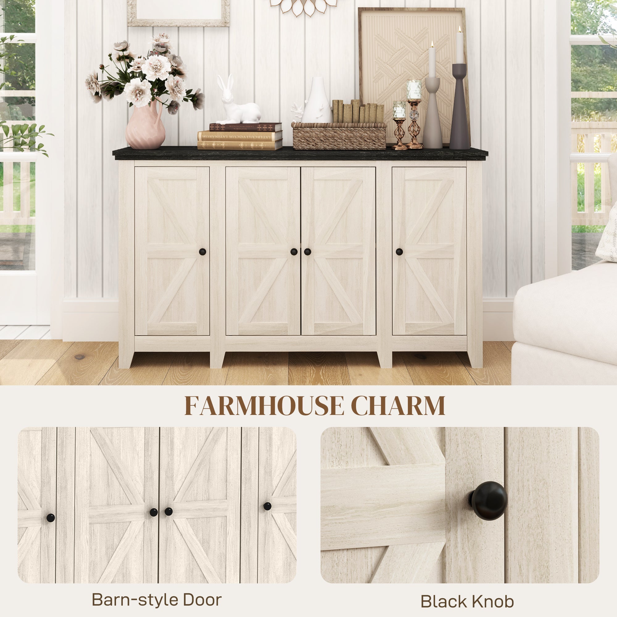 HOMCOM Farmhouse Sideboard, Buffet Cabinet with Storage, Kitchen Storage Cabinets with 4 Barn-style Doors and Adjustable Shelves, Coffee Bar Cabinet, White Wood Grain