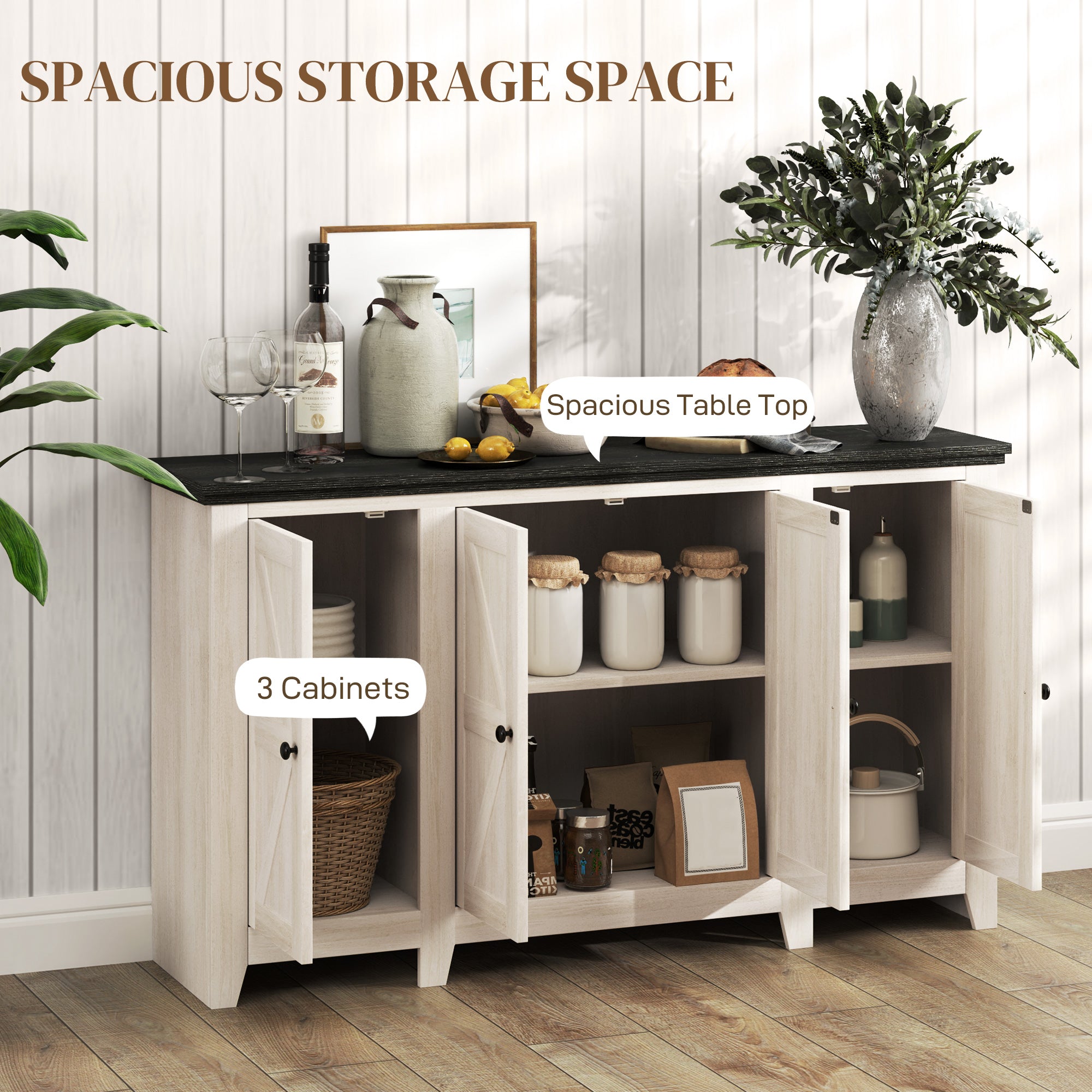 HOMCOM Farmhouse Sideboard, Buffet Cabinet with Storage, Kitchen Storage Cabinets with 4 Barn-style Doors and Adjustable Shelves, Coffee Bar Cabinet, White Wood Grain