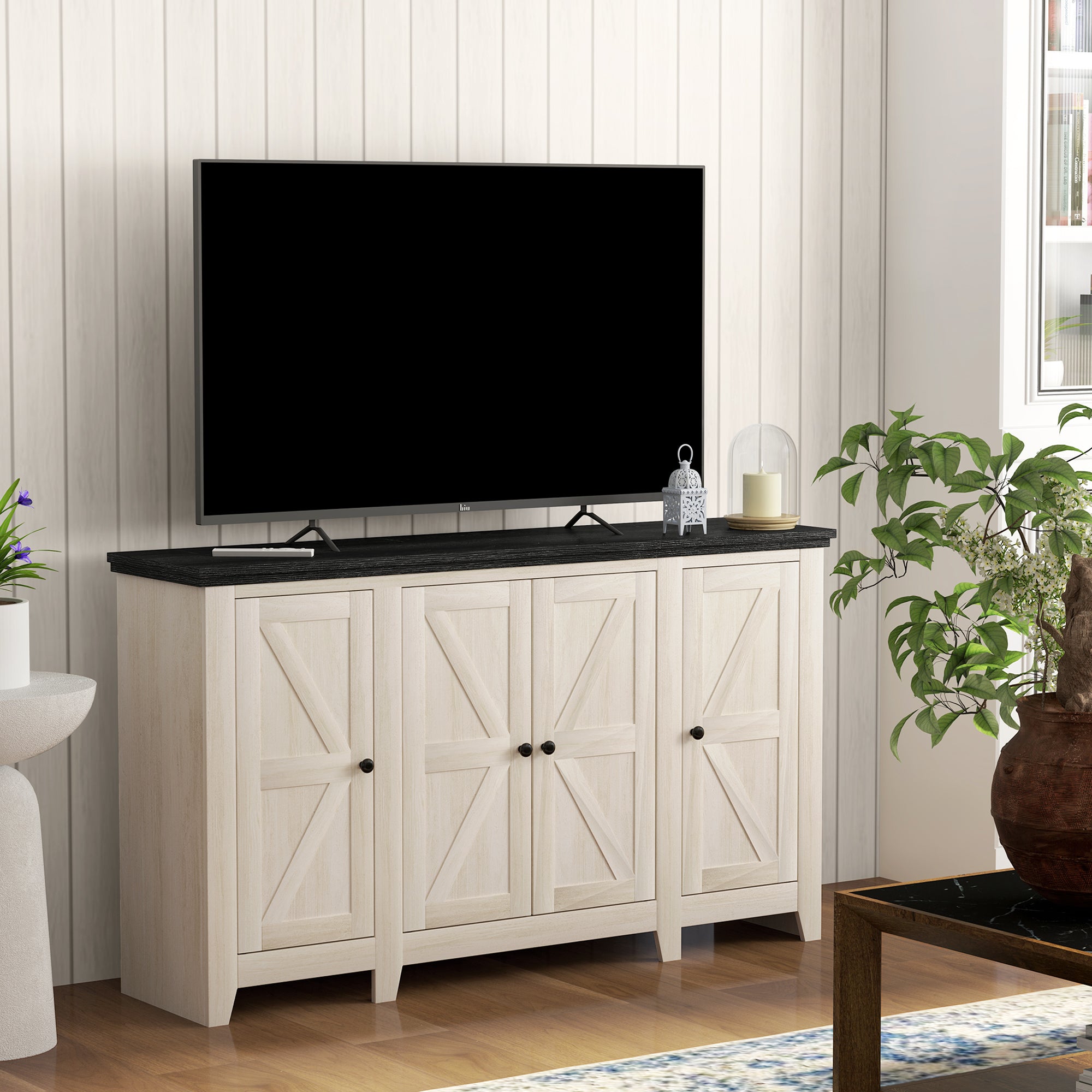 HOMCOM Farmhouse Sideboard, Buffet Cabinet with Storage, Kitchen Storage Cabinets with 4 Barn-style Doors and Adjustable Shelves, Coffee Bar Cabinet, White Wood Grain