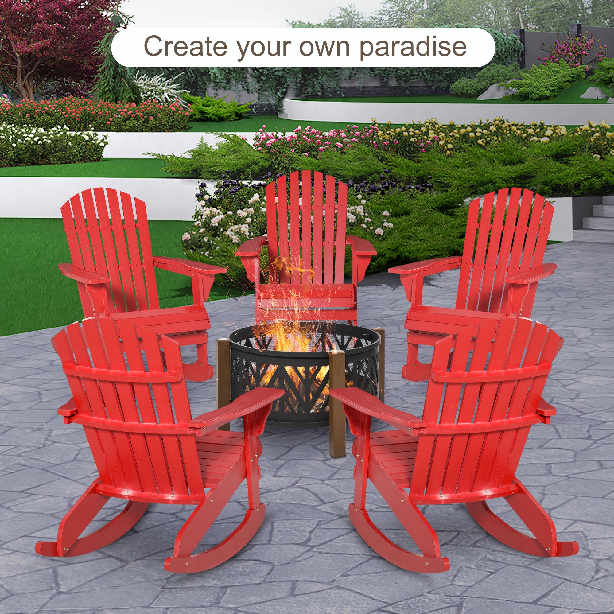 Outsunny Wooden Adirondack Rocking Muskoka Chair with Slatted Wooden Design, Fanned Back and Classic Rustic Style, Red