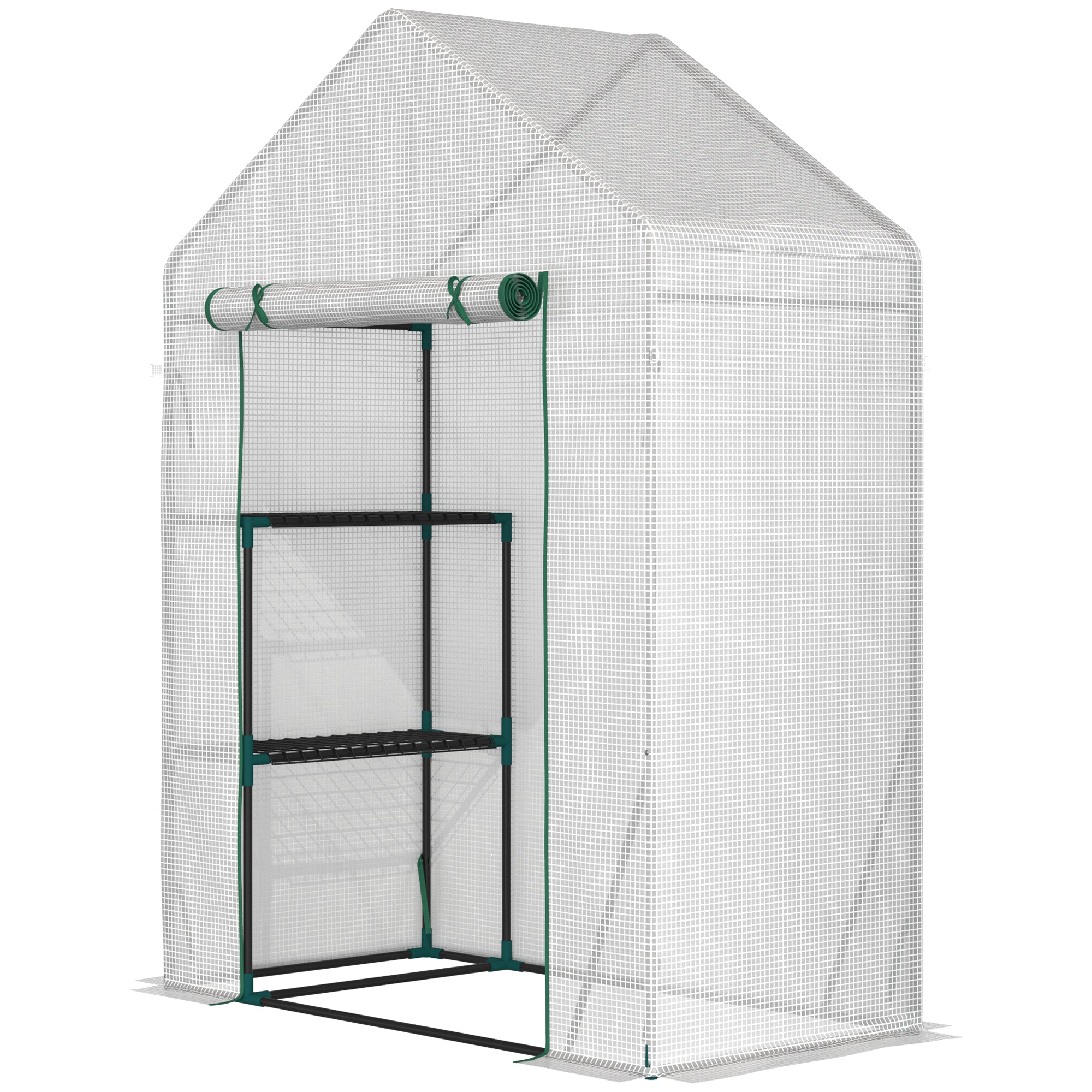 Outsunny 56" x 29" Walk-in Greenhouse for Outdoor, Portable Gardening Plant Hot House with 2-Tier Shelf, Roll-Up Zippered Door, PE Cover, Green