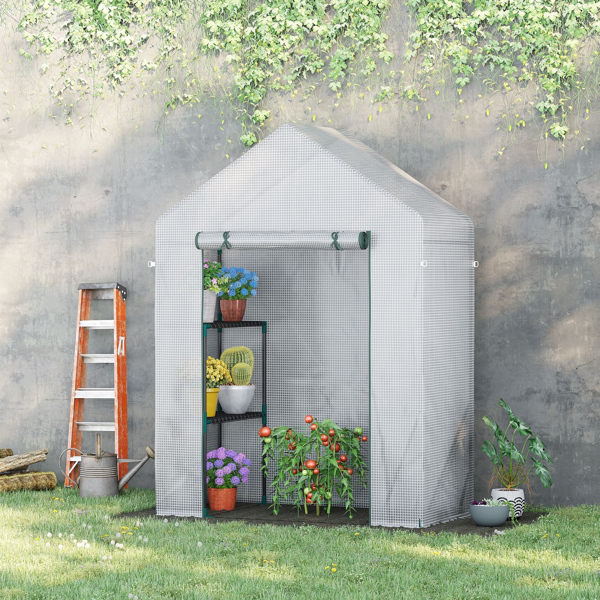 Outsunny 56" x 29" Walk-in Greenhouse for Outdoor, Portable Gardening Plant Hot House with 2-Tier Shelf, Roll-Up Zippered Door, PE Cover, Green