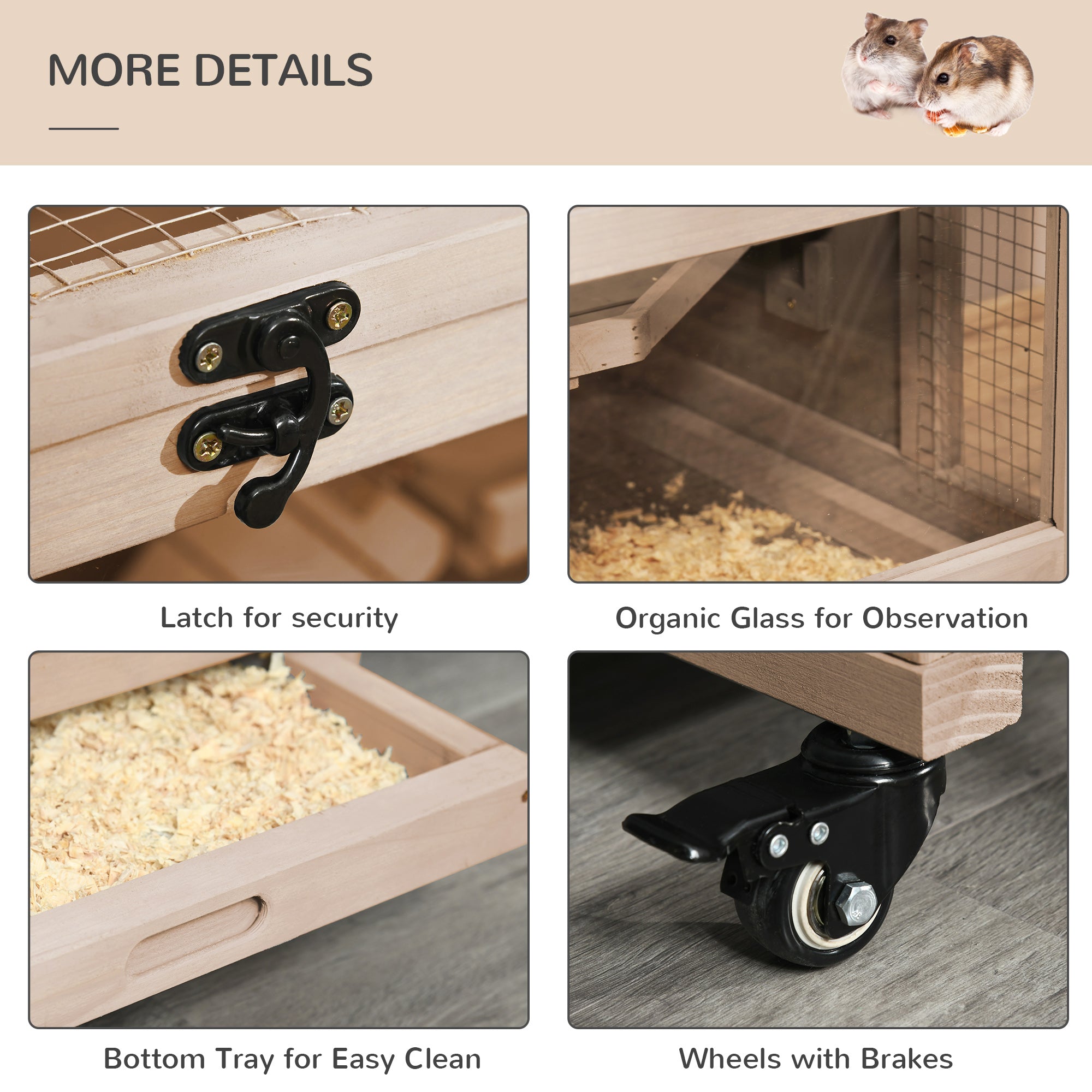 PawHut 3 Tier Hamster Cage, Wooden Rat Cage Small Animal Habitat with Ladders, Huts, Wheels, Pull-out Tray, for Syrian, Dwarf Hamster, Nature Wood