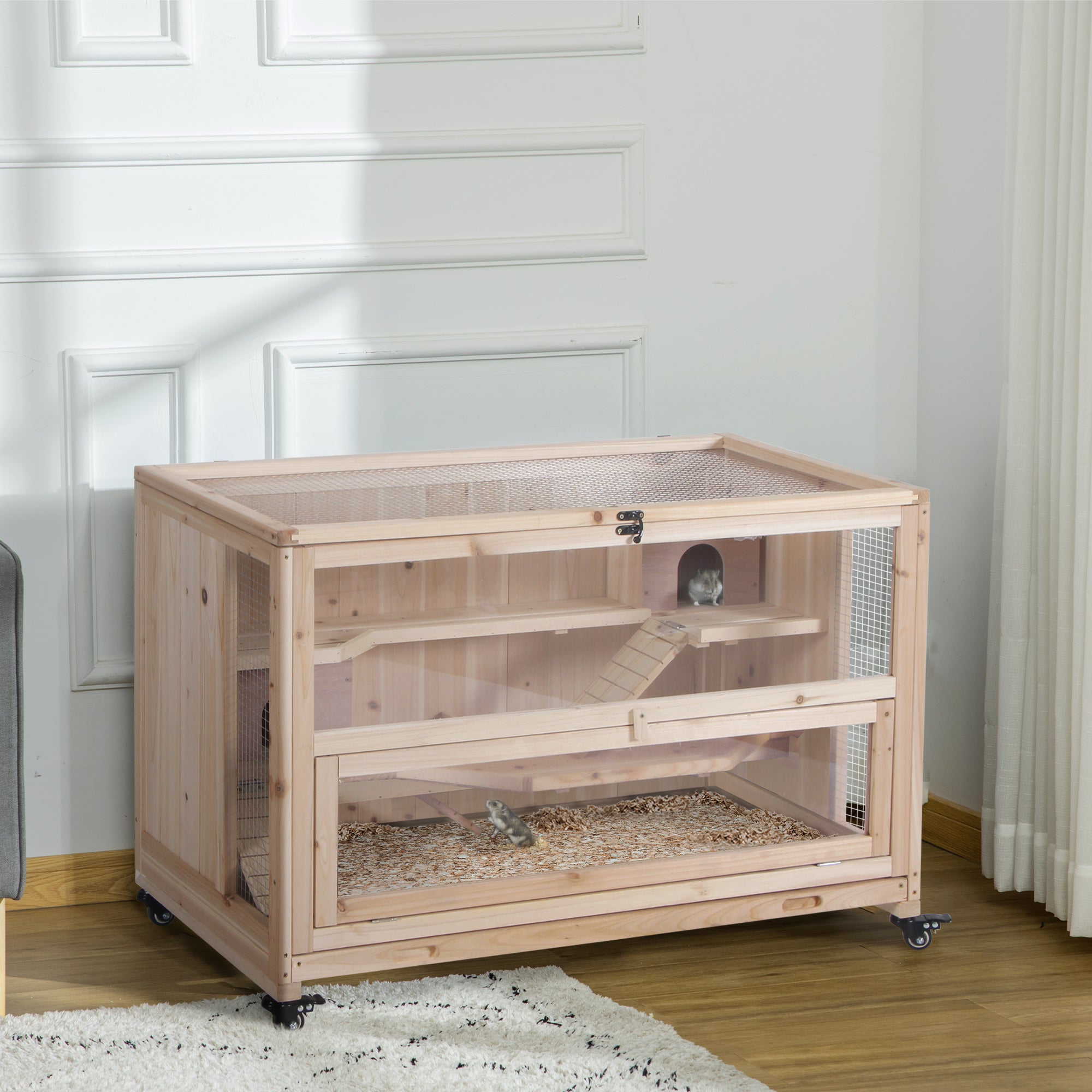 PawHut 3 Tier Hamster Cage, Wooden Rat Cage Small Animal Habitat with Ladders, Huts, Wheels, Pull-out Tray, for Syrian, Dwarf Hamster, Nature Wood