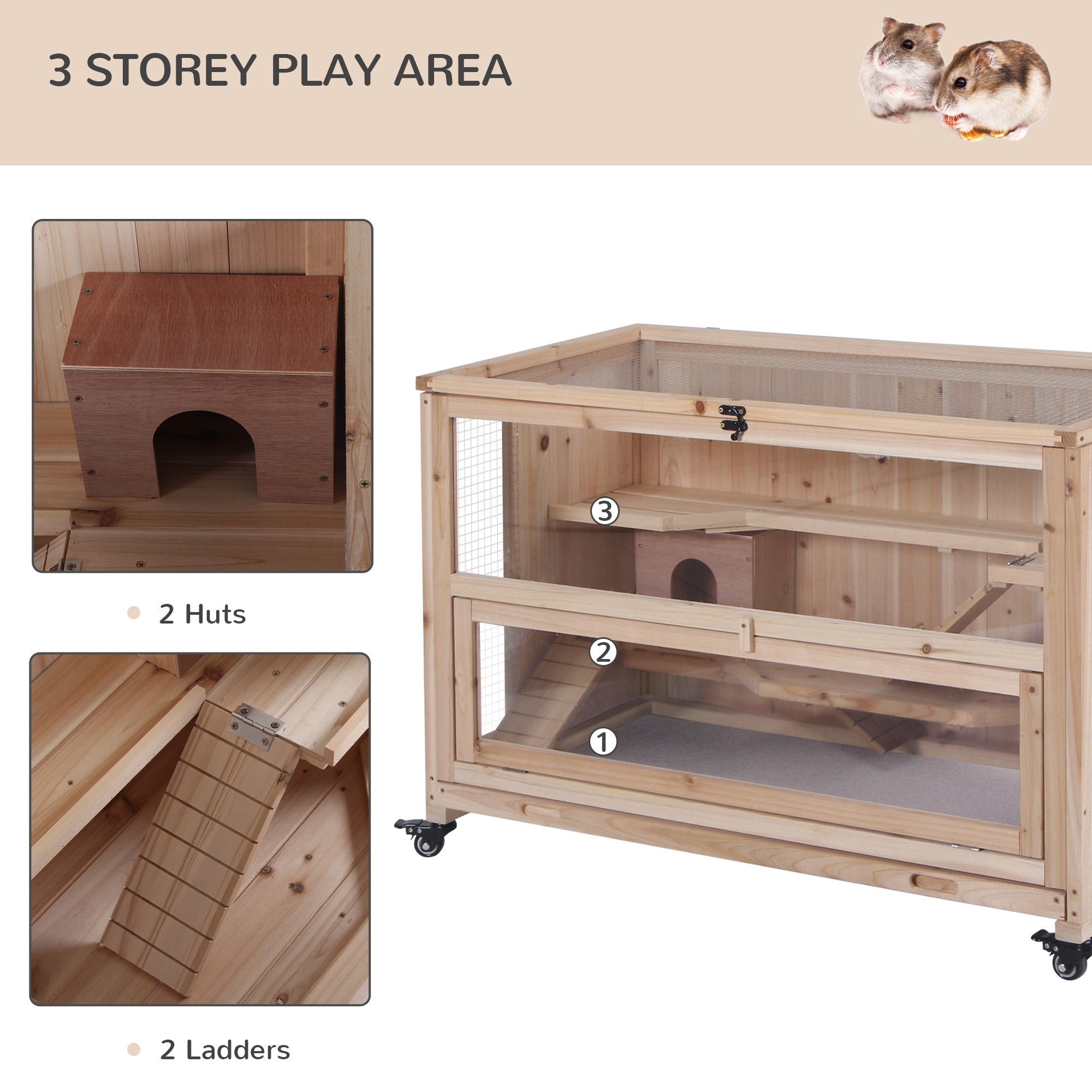PawHut 3 Tier Hamster Cage, Wooden Rat Cage Small Animal Habitat with Ladders, Huts, Wheels, Pull-out Tray, for Syrian, Dwarf Hamster, Nature Wood