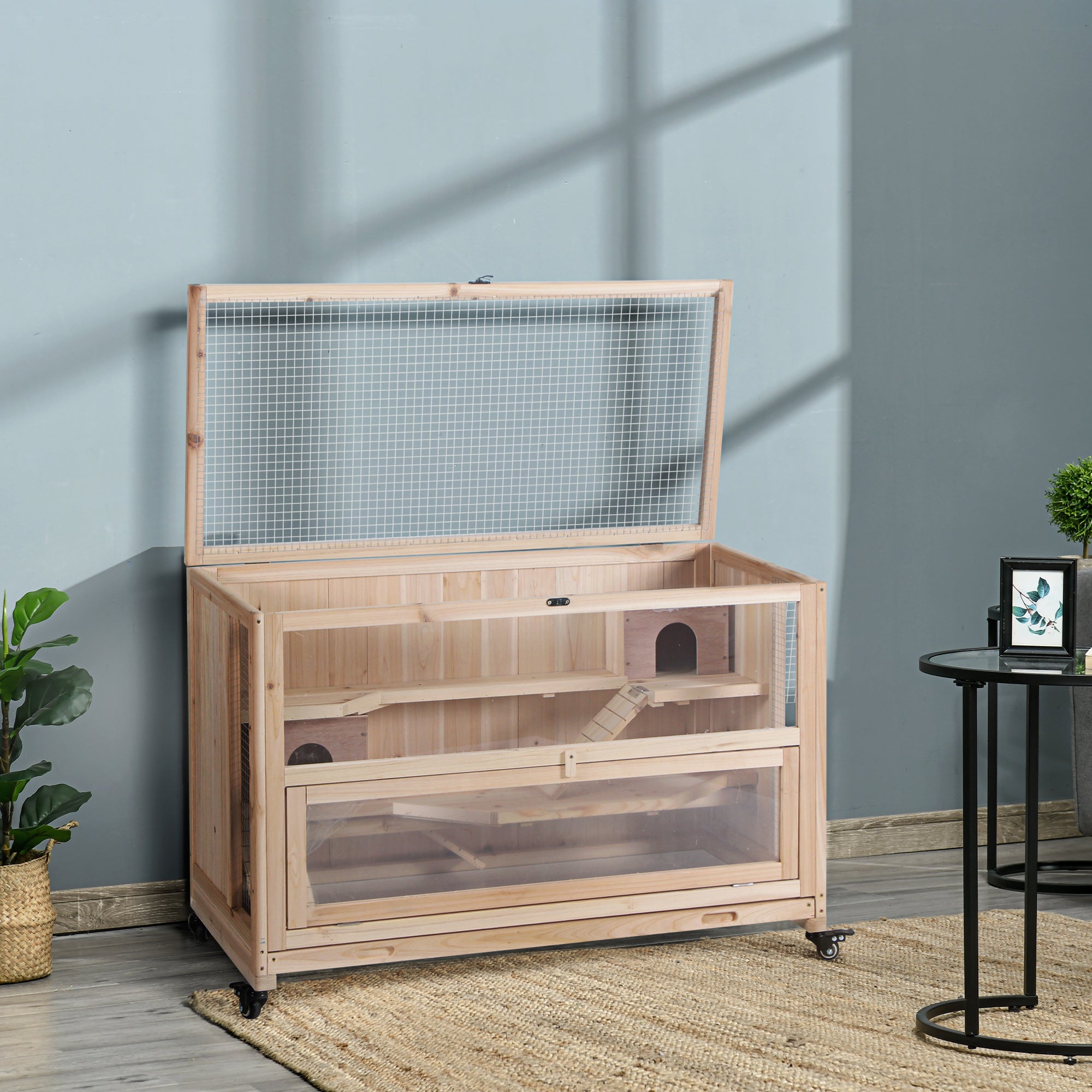 PawHut Wooden Hamster Cage, Mice Rodent Small Animals Kit Hutch, 3 Tiers Exercise Play House, with Wheels, Bottom Tray, 99 x 50 x 69 cm, Natural Wood