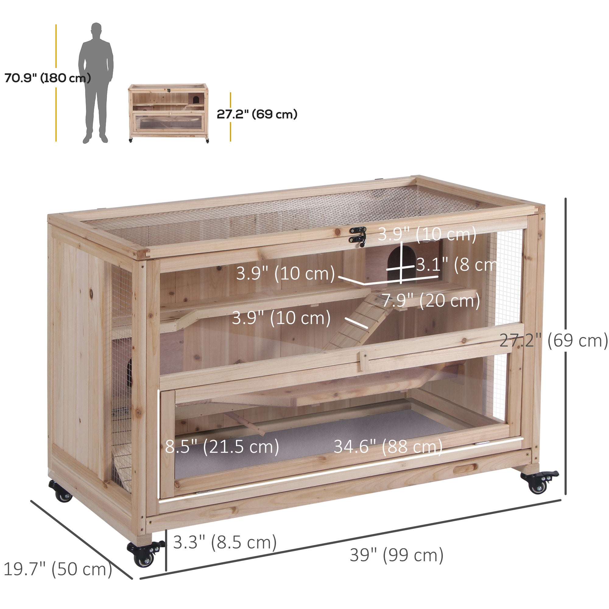 PawHut 3 Tier Hamster Cage, Wooden Rat Cage Small Animal Habitat with Ladders, Huts, Wheels, Pull-out Tray, for Syrian, Dwarf Hamster, Nature Wood