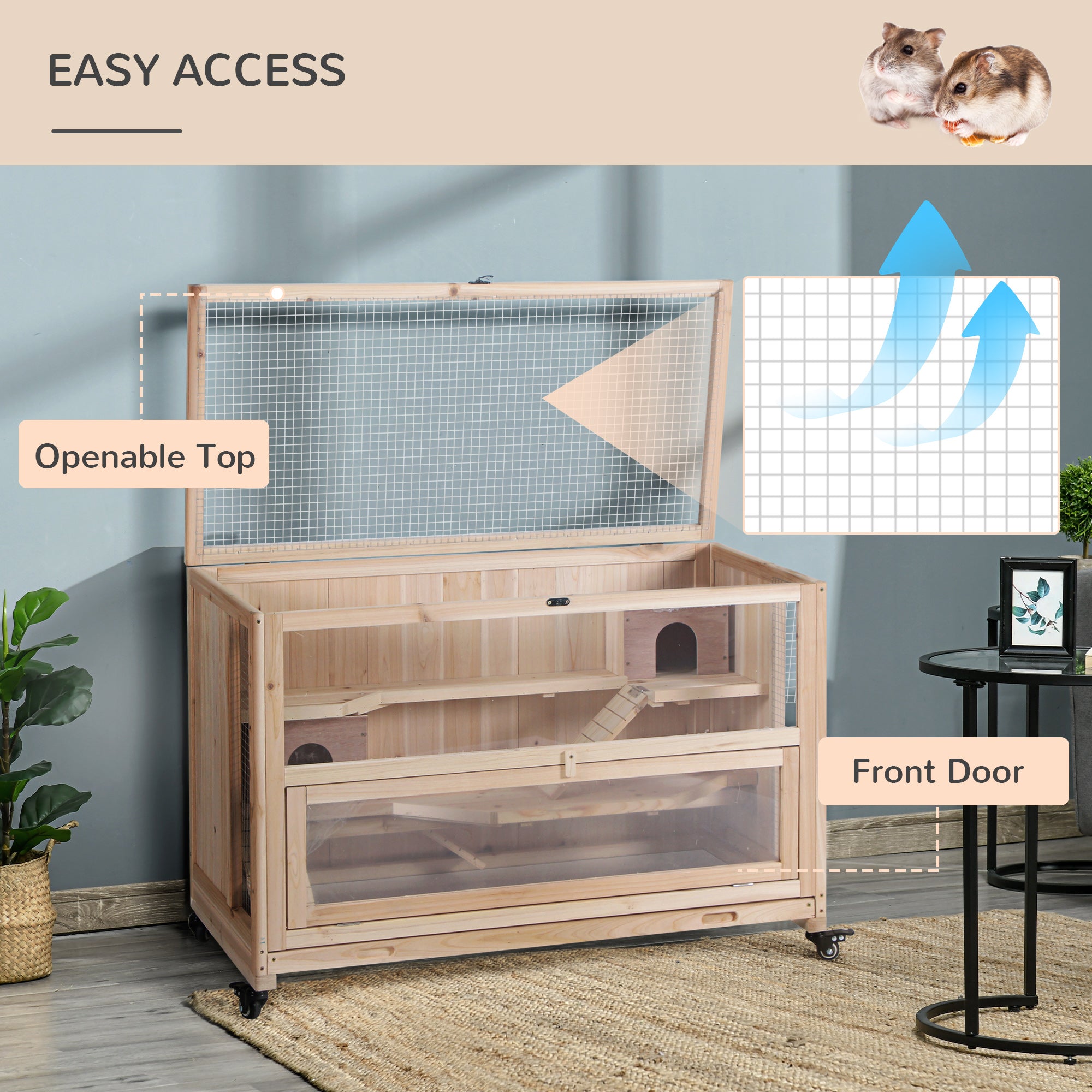 PawHut 3 Tier Hamster Cage, Wooden Rat Cage Small Animal Habitat with Ladders, Huts, Wheels, Pull-out Tray, for Syrian, Dwarf Hamster, Nature Wood