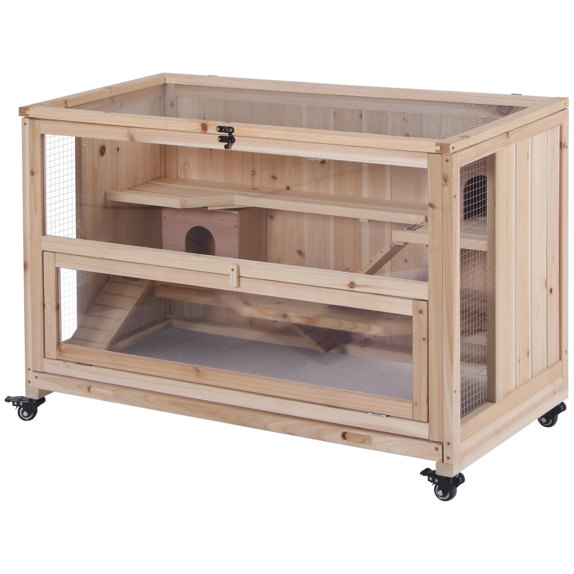 PawHut 3 Tier Hamster Cage, Wooden Rat Cage Small Animal Habitat with Ladders, Huts, Wheels, Pull-out Tray, for Syrian, Dwarf Hamster, Nature Wood