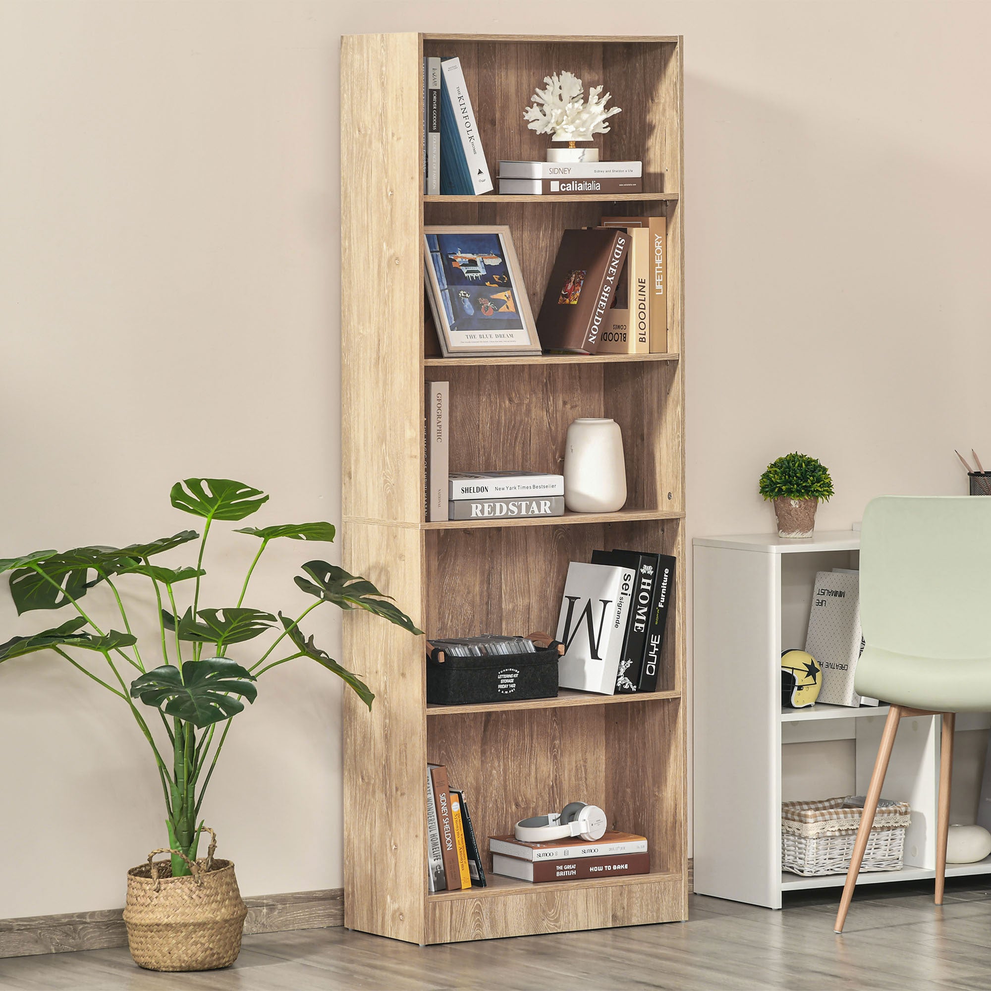 HOMCOM 5-Tier Bookcase, Storage Bookshelf, Display Shelves with Adjustable Shelves for Living Room, Home Office, Nature Wood